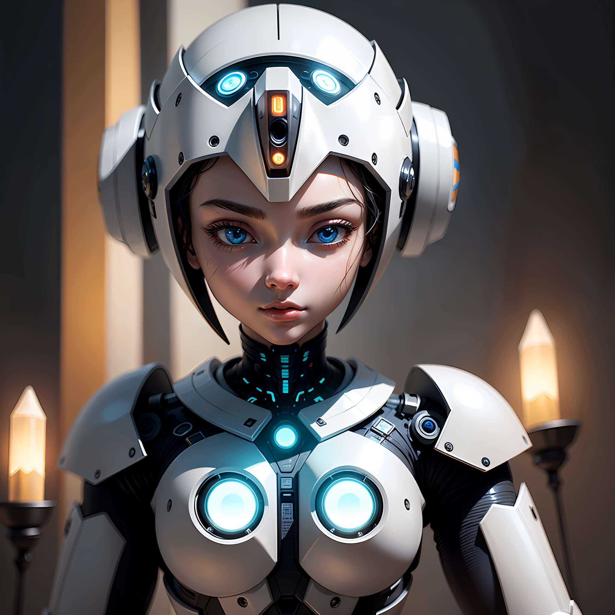 Humanoid robot, exquisite structure, beautiful face, beautiful humanoid robot, holy light with the word "AI" behind it