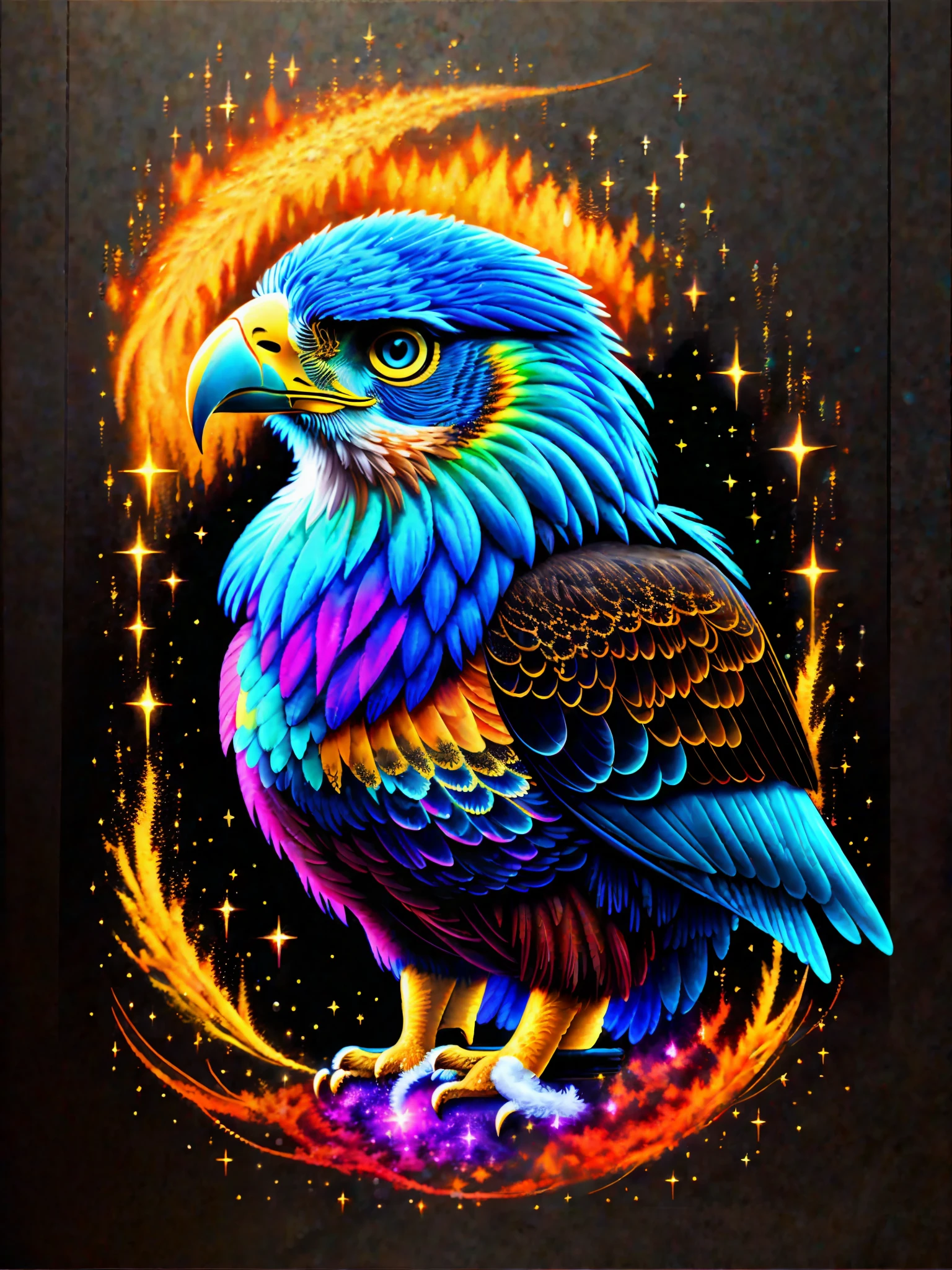 a painting of a colored eagle on a black background,, breathtaking rendering, within a radiant connection, inspired by Kinuko Y. Craft,, magical elements, kitten icon, wow, is beautiful, casting a multi colorful spell, bright flash, flash