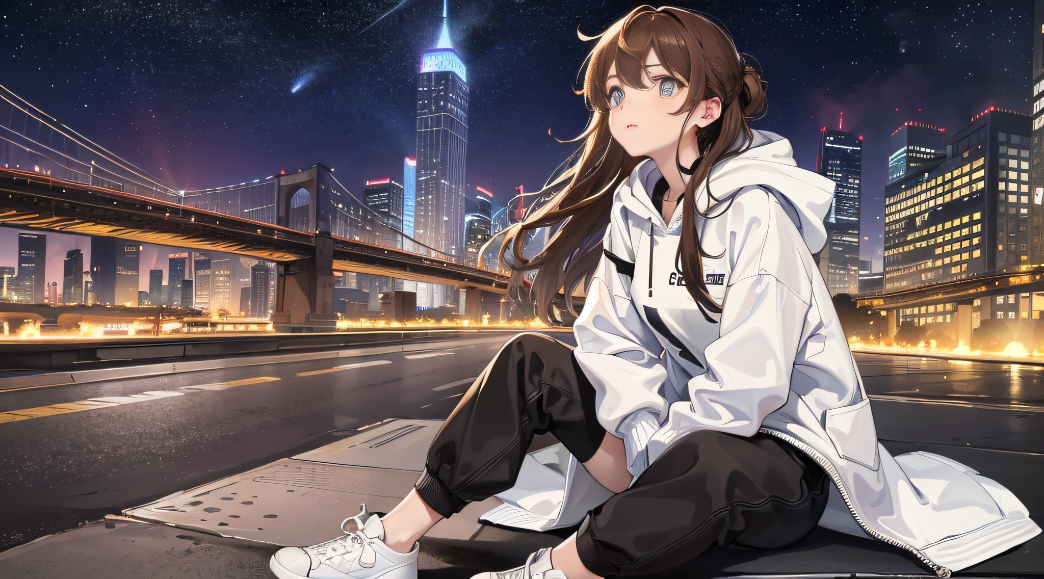 1girl, full body, far view, petite and cute, city street, brown hair, masterpiece, exquisite, city architectural lights, white hoodie, heterochromatic pupils, 45 degrees looking up at the starry sky, high and cold expression, sitting on the roof of the car shed, slightly longer cuffs, sneakers