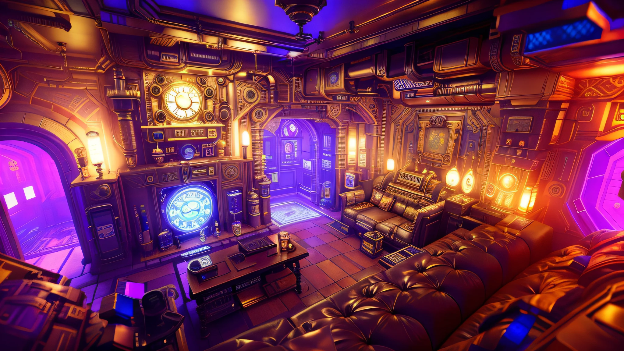 there is a room with a clock and a couch in it, ornate cyberpunk interior, sci fi engine room living room, vivid steampunk concept, surreal sci fi set design, dieselpunk setting, set in cyberpunk bank vault, steampunk living room, rendered in unreal 5, rendered in unreal engine 5, cyberpunk interior, colorful sci-fi steampunk, sci - fi interior