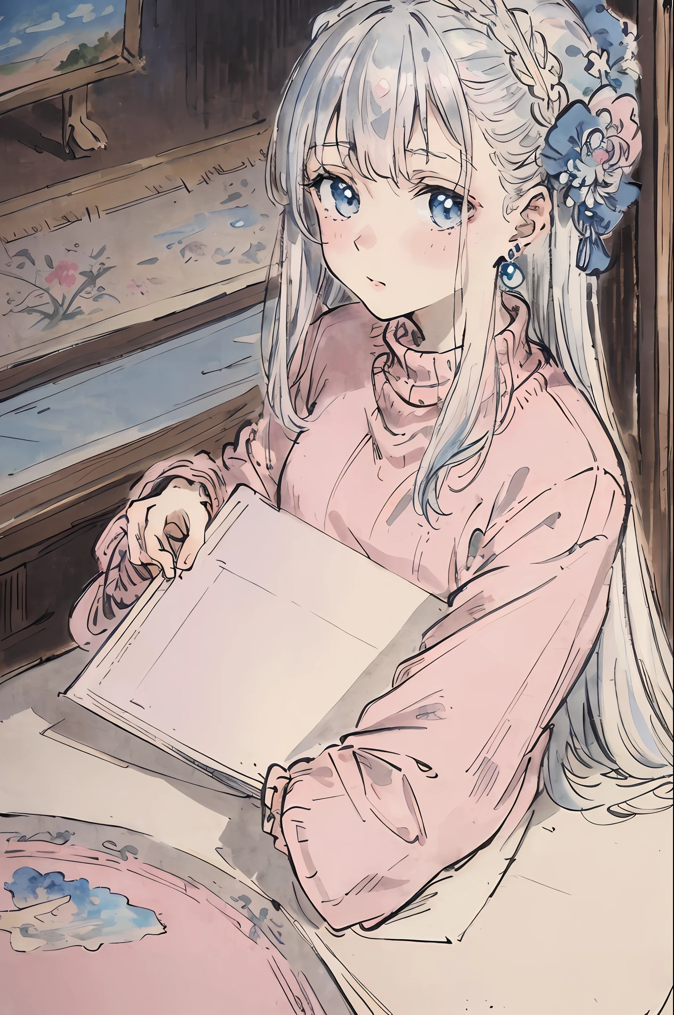 masterpiece, best quality, an extremely delicate and beautiful girl,an extremely delicate and beautiful, world masterpiece theater, ultra-detailed, highly detailed, best quality, silver hair, pink sweater, blue earring, highres, extremely detailed,1girl, best quality, illustration, looking at viewer, impasto, canvas, oil painting, realistic, realist ,real,