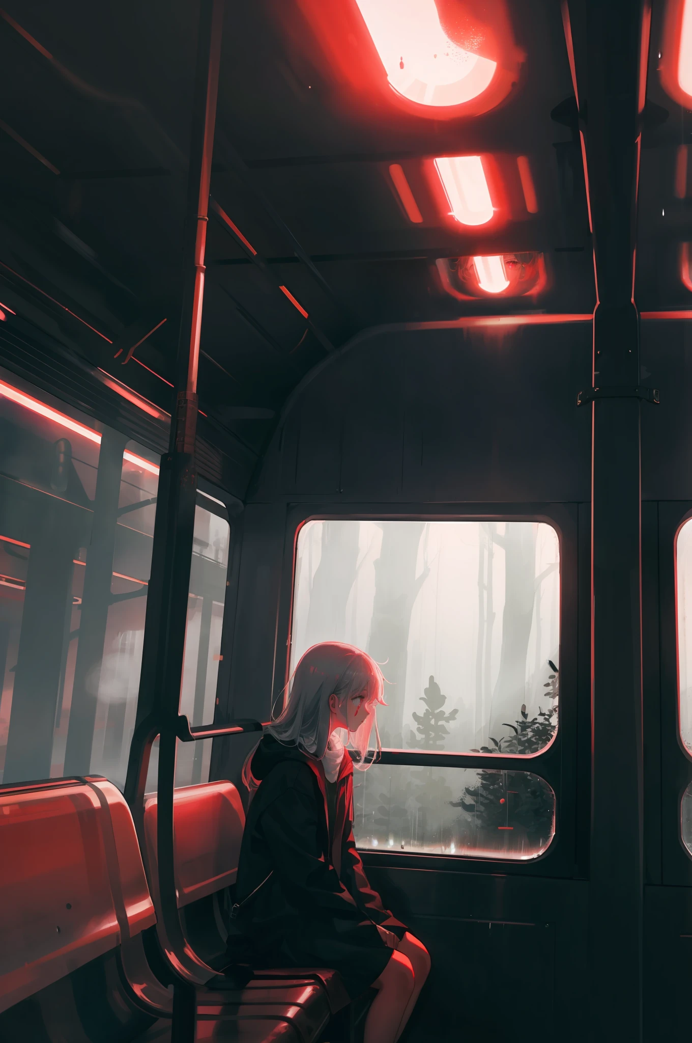 1girl, solo, ((night, fog, forest)), bus, leaning against glass, looking at street, red villages, blood, long hair, rain, fog