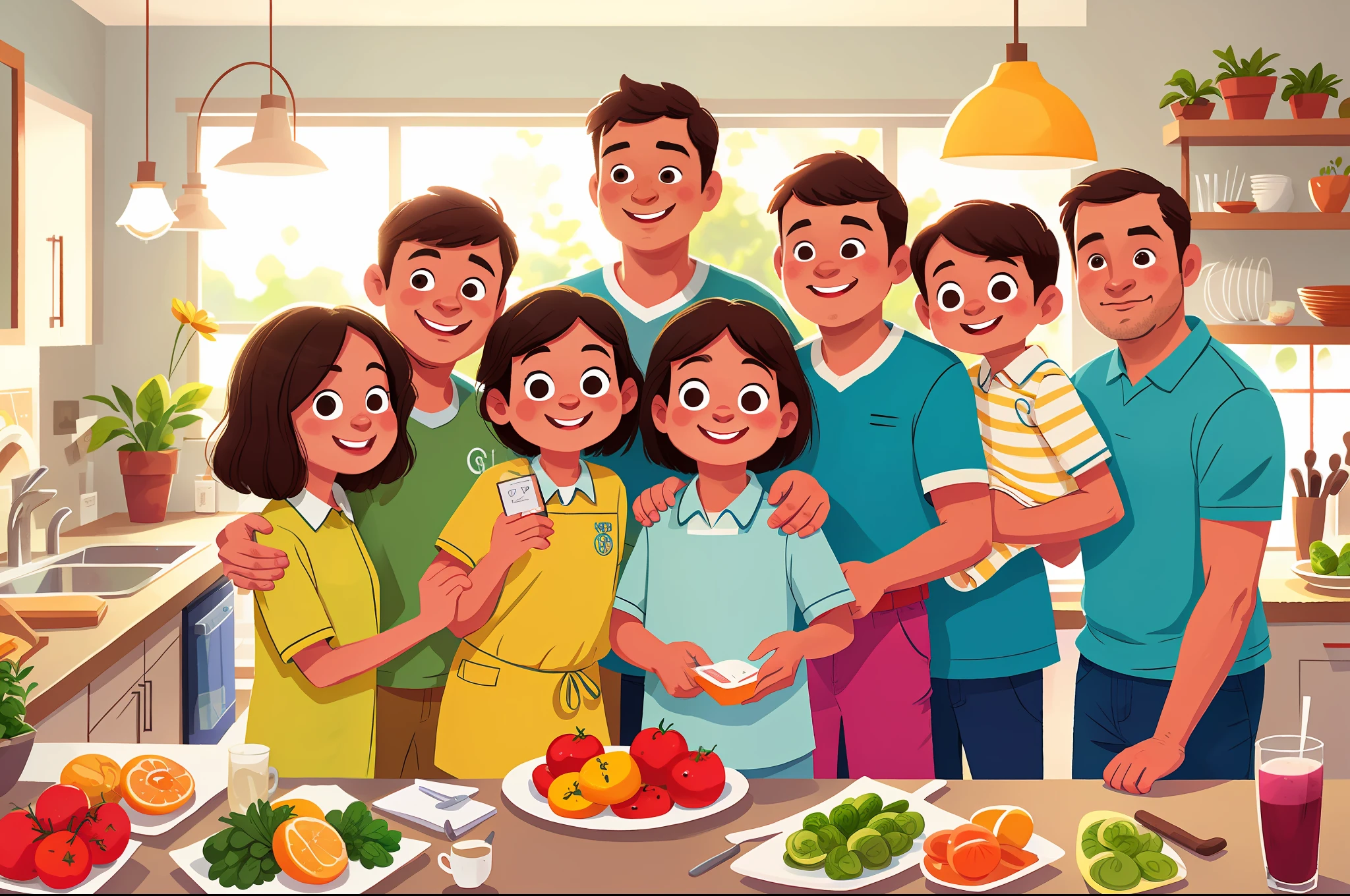 closeup, a family portrait, momn, dad, kitchen in the background