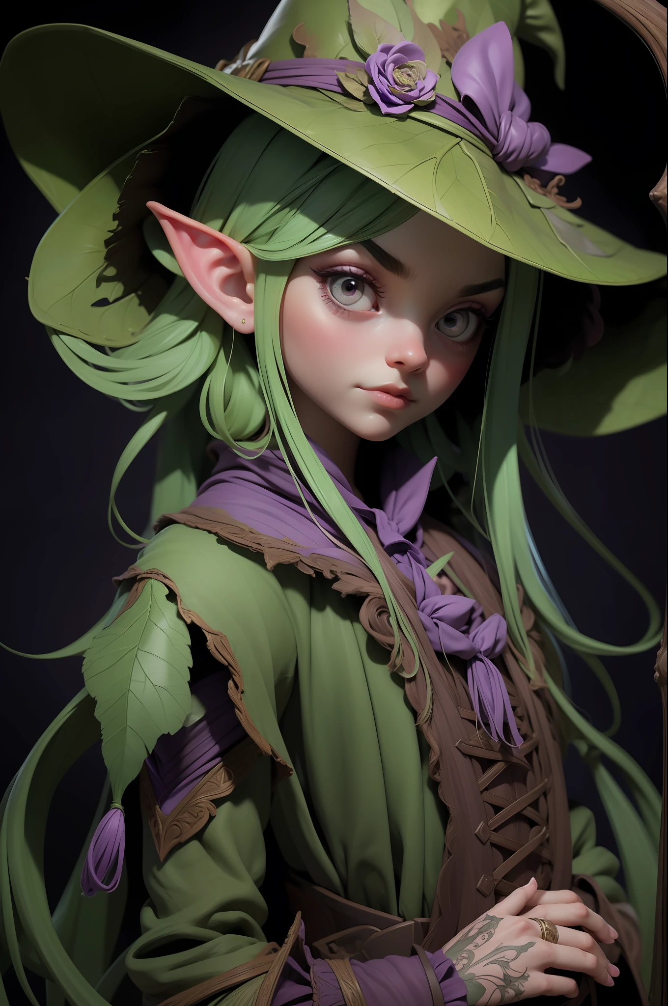 (artwork:1.2),(lineart:1.33),young,1girl,portrait female elf witch in a decaying swamp,close-up,disappointed look,heavy-hat,long-torn-clothes,seductive,(hyperdefined),(inked-art),purple green tones,unusual-angle,cartoon,fantasy victorian aesthetic,complex lighting,(flat colors),ultradetailed,(fine-details:1.2),absurdres, (atmosphere), coherent