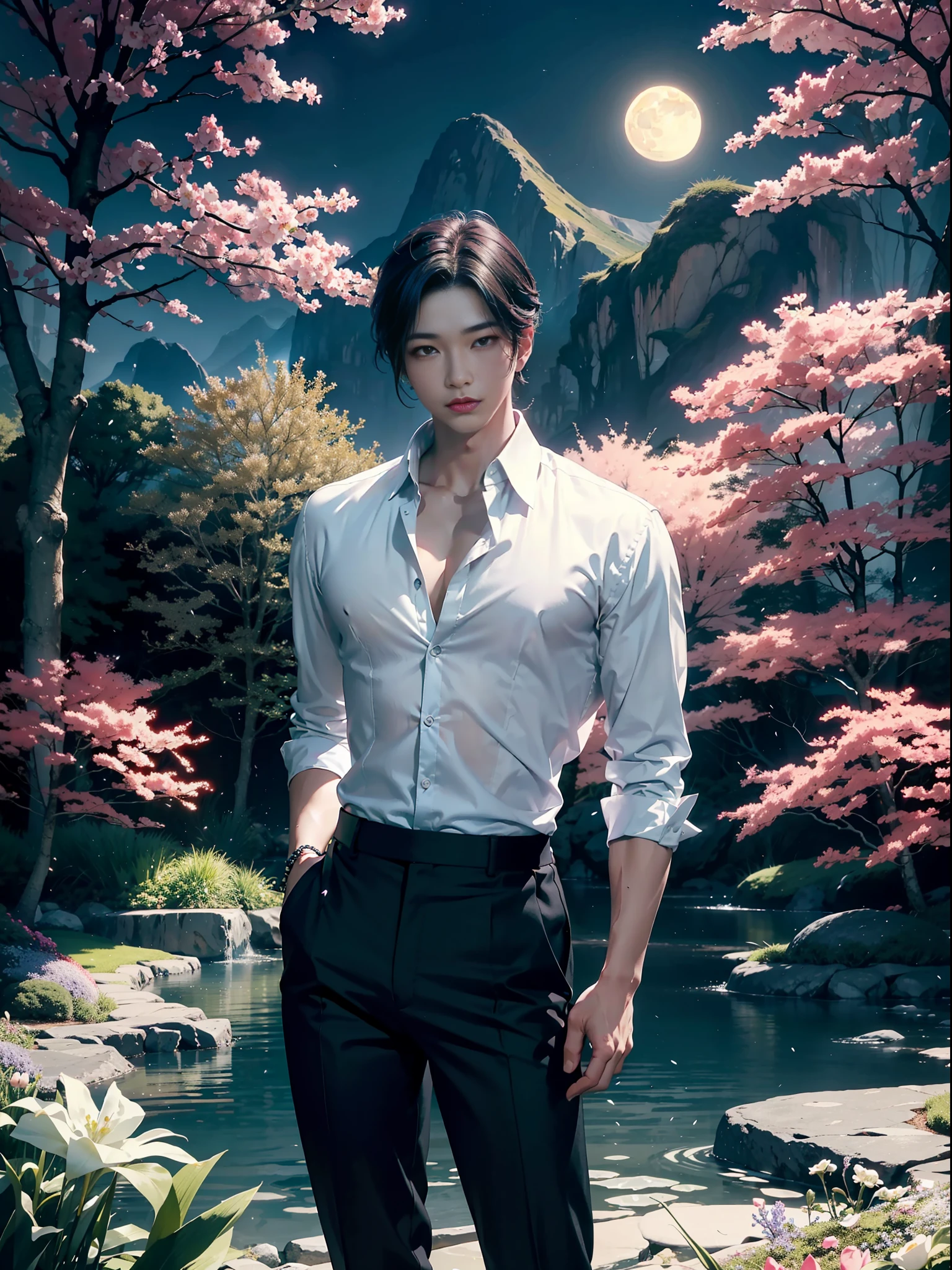 vivid illumination, enchanting elegance, atmospheric depth, masterful technique, naturalistic representations, harmonious composition, creative refinement, striking juxtapositions, 1man,solo,male, (korean idol face, sharp eyeline),(loose white shirt with black pants), moon, dark theme, Patience, garden, blossoms,
