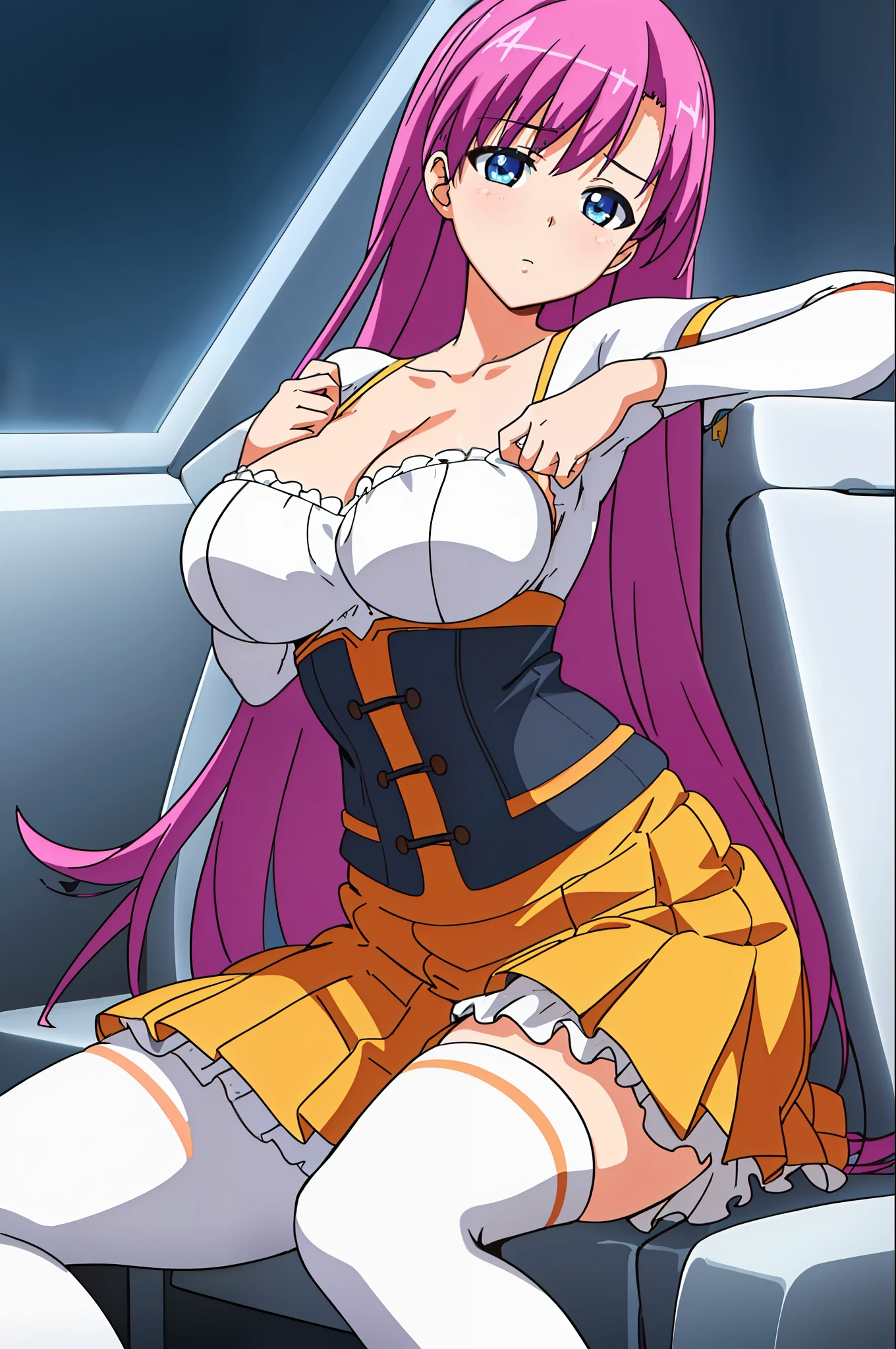 (Night:1.7), Cyberpunk_CityView, Before Window,in front of a wall with a clock,
sitting at attention,sitting on couch,(Close-up),
white shirt,yellow skirt,collarbone, cleavage, puffy_short_sleeves,thighhighs, White legwear,
no_bra,
pink_hair,long_hair,blue_eyes,
1 girl, 20yo,mature female,Beautiful Finger,Beautiful long legs,Beautiful body,Beautiful Nose,Beautiful character design, perfect eyes, perfect face,
looking at viewer, (innocent_big_eyes:1.0),(expressionless:1.3),
NSFW,official art,extremely detailed CG unity 8k wallpaper, perfect lighting,Colorful, Bright_Front_face_Lighting,
(masterpiece:1.0),(best_quality:1.0), ultra high res,4K,ultra-detailed,
photography, 8K, HDR, highres, absurdres:1.2, Kodak portra 400, film grain, blurry background, bokeh:1.2, lens flare, (vibrant_color:1.2)
(Beautiful,large_Breasts:1.4), (beautiful_face:1.5),(narrow_waist),