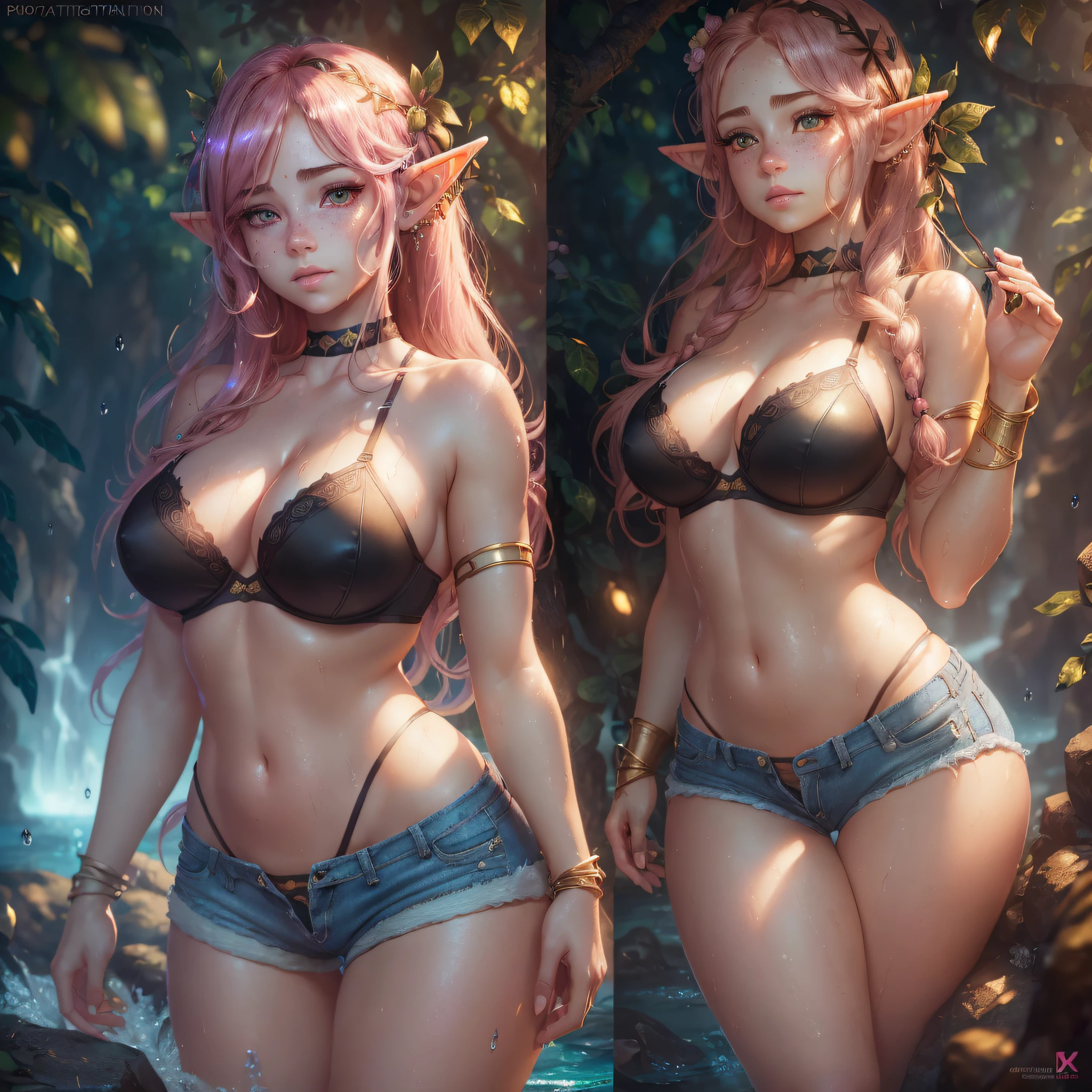 nsfw, (realistic:1.5), photorealistic, octane render, (hyperrealistic:1.2), ((((in the center)))), (photorealistic face:1.2), (1girl:1.4), mini breasts, best quality, 1girl, outdoors, in the ocean, standing, looking at the viewer, looking down, sharp focus, (8k), (4k), (masterpiece), (best quality), (realistic skin texture), extremely detailed, intricate, hyper detailed, (perfect face), illustration, soft lighting, (specular lighting:1.4), pink eyes, elf, druid, freckles, golden hair, hair ribbon, goblin ears, portrait, art, half elf, pointed ears, high resolution, sharp detail, curvy (black bra), thong straps, shiny skin, bright clothes, (oiled body), (wet breasts), blush, face, female focus, (short jean shorts), (skindentation: 1.3), thick eyelashes, long eyelashes, coke hairstyle, --auto --s2