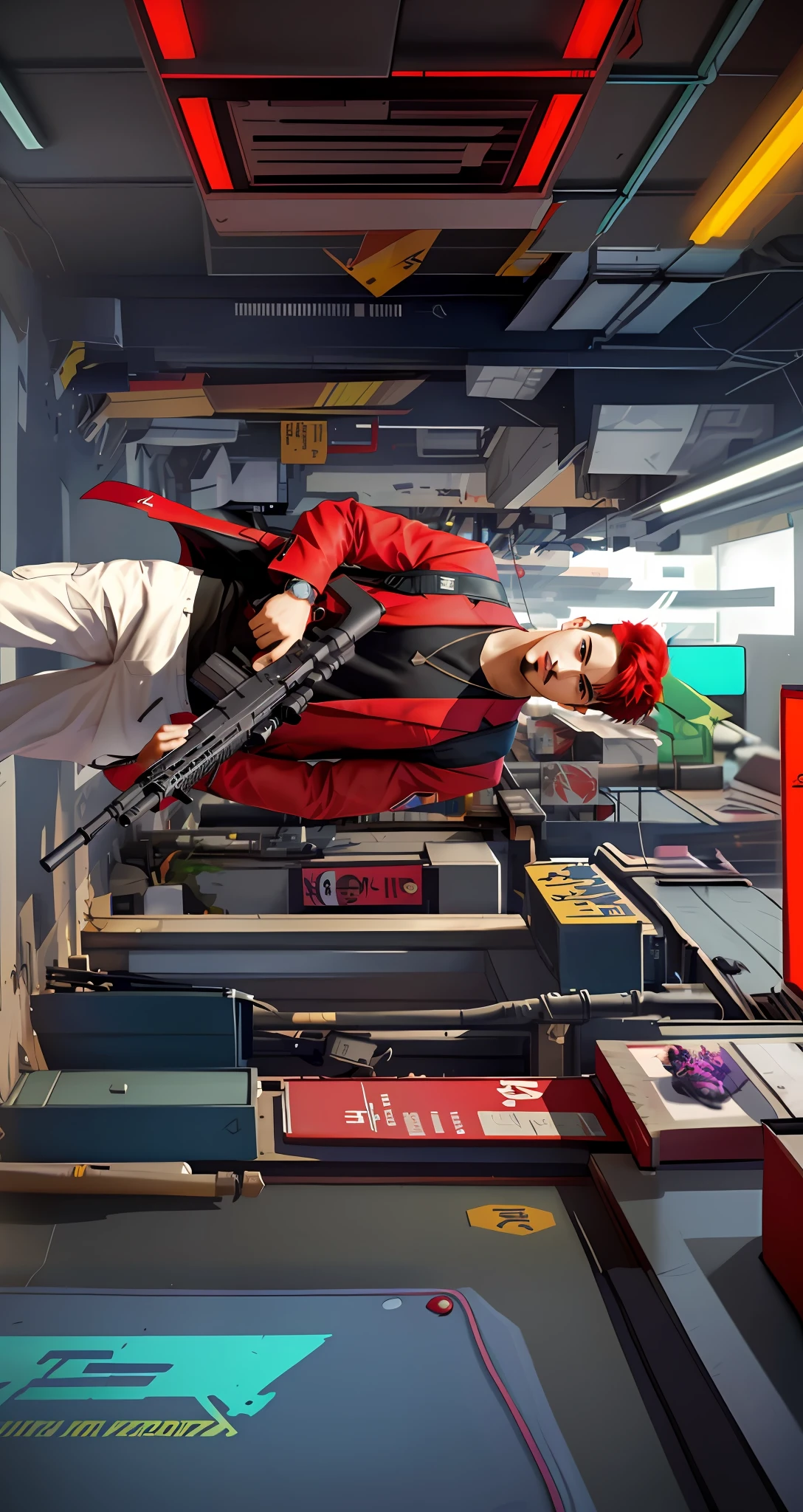 there is a man with red hair and a gun in a room, mirrors edge art style, jett from valorant, modern cyberpunk anime, cyberpunk streetwear, cyberpunk 2077 rossdraws, travis touchdown, hyper-realistic cyberpunk style, in cyber punk 2077, artwork in the style of guweiz, cyberpunk street goon