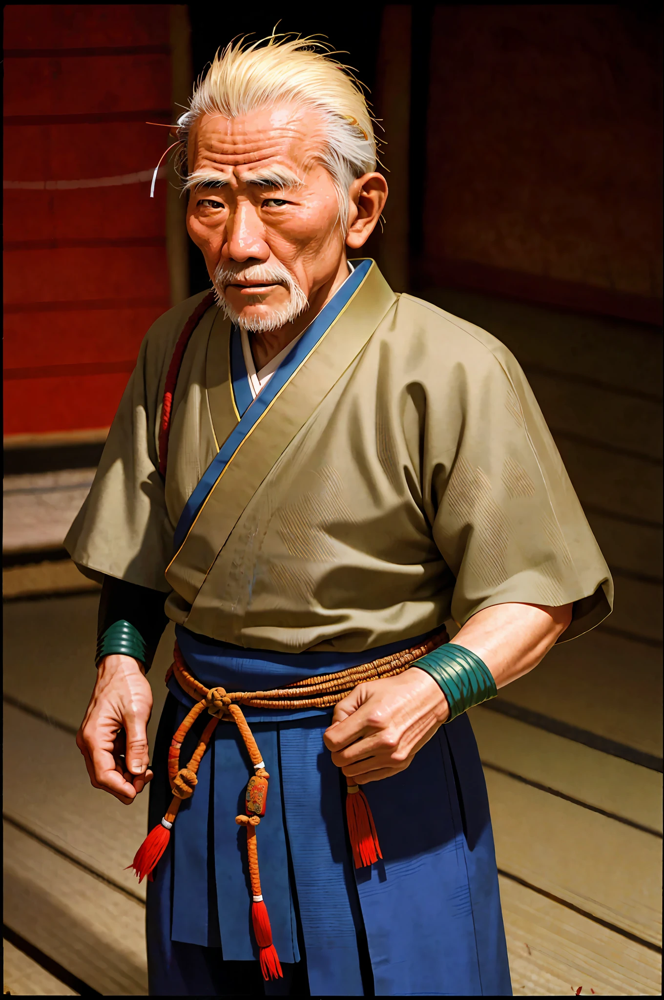 Old japanese man, warrior samurai, graying hair, japanese edo period, recovered photograph, (film grain:1.2), (disposable film:1.2), bad lighting, dim,