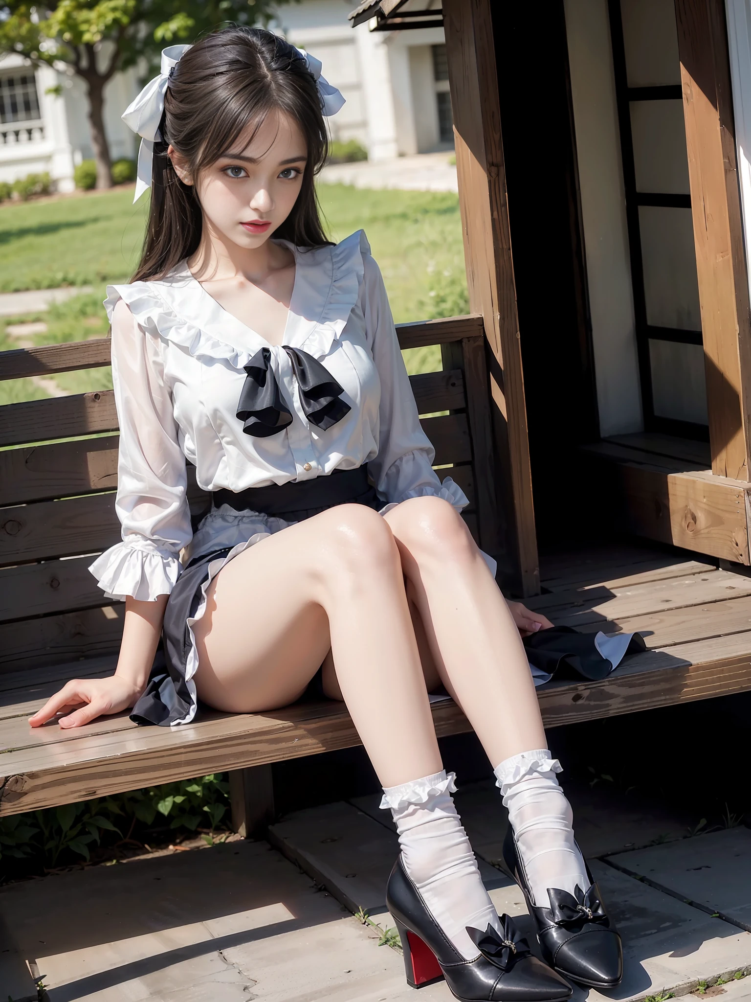 (Photoreal: 1.4), (Hyperrealistic: 1.4), (Realistic: 1.3), (Smooth Lighting: 1.05), (Improved Cinematic Lighting: 0.9), 32K, 1 female, 24 year old female, Slender figure, Realistic lighting, Backlight, Face light, Ray Tracking, (Bright Light: 1.2), (Quality Improvement: 1.4), ( Realistic textured skin of the highest quality: 1.4), fine detailed eyes, detailed face, fine quality eyes, dark brown eyes, (tired, sleepy and satisfied: 0.0), pale lighting, white blouse, ribbon tie, dark blue long skirt, ((white silk ankle-length socks with frilled ornament))), (wearing black pumps))), Japan woman, white garden porch background, Looking at the camera with your face facing forward