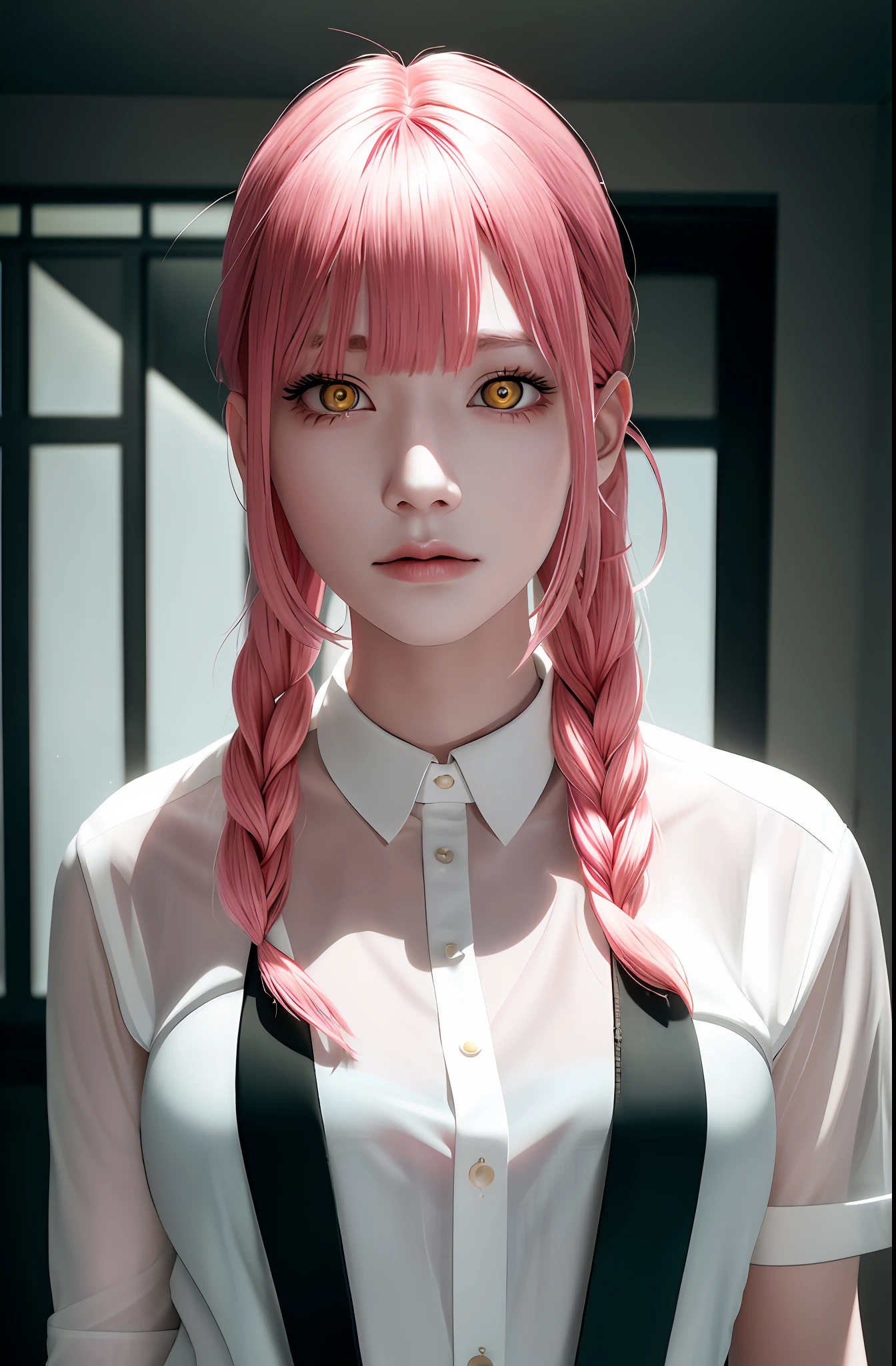 masterpiece, (photorealistic: 1.4), best quality, beautiful lighting, (ulzzang-6500:0.5), Power \(chainsaw man\), (Pink hair)+(long braided hair)+(bangs), yellow eyes, golden eyes, ((eyes with dark circles)), (white shirt), RAW photo, 8k uhd, film grain