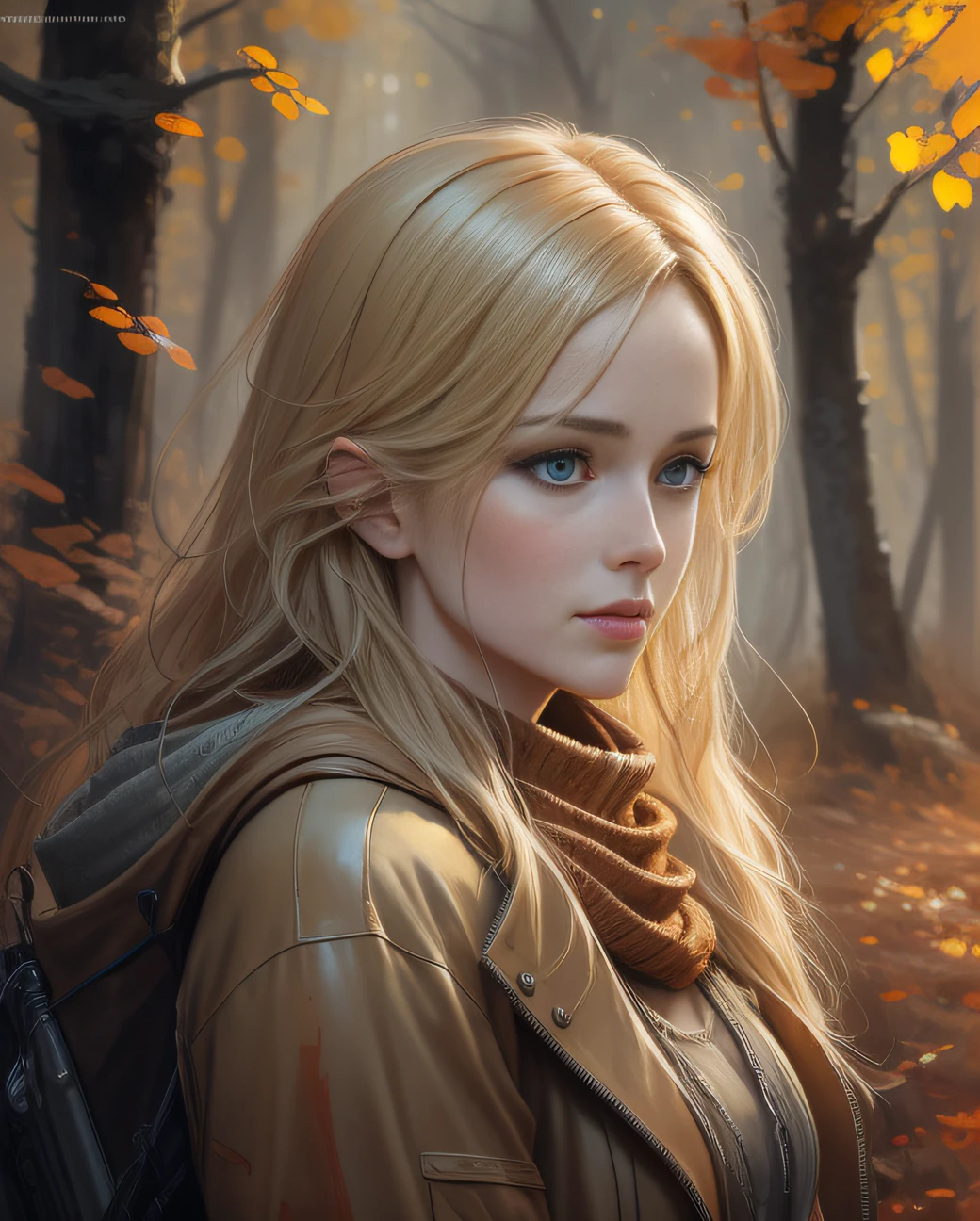 woman 25 years old, long blond messy hair, she wear a orange sweater and a brown jacket, cap, ((Concept art by Pino Daeni, Jeremy Mann)), digital art, it is autumn in forest, complex background, daylight, glowing elements, complex shadows and light, cinematic lighting, trend on artstation, realistic, focused, high detail, unreal engine 5, cinematic, realistic, detail, 8k, hdr, ultra hd --auto --s2