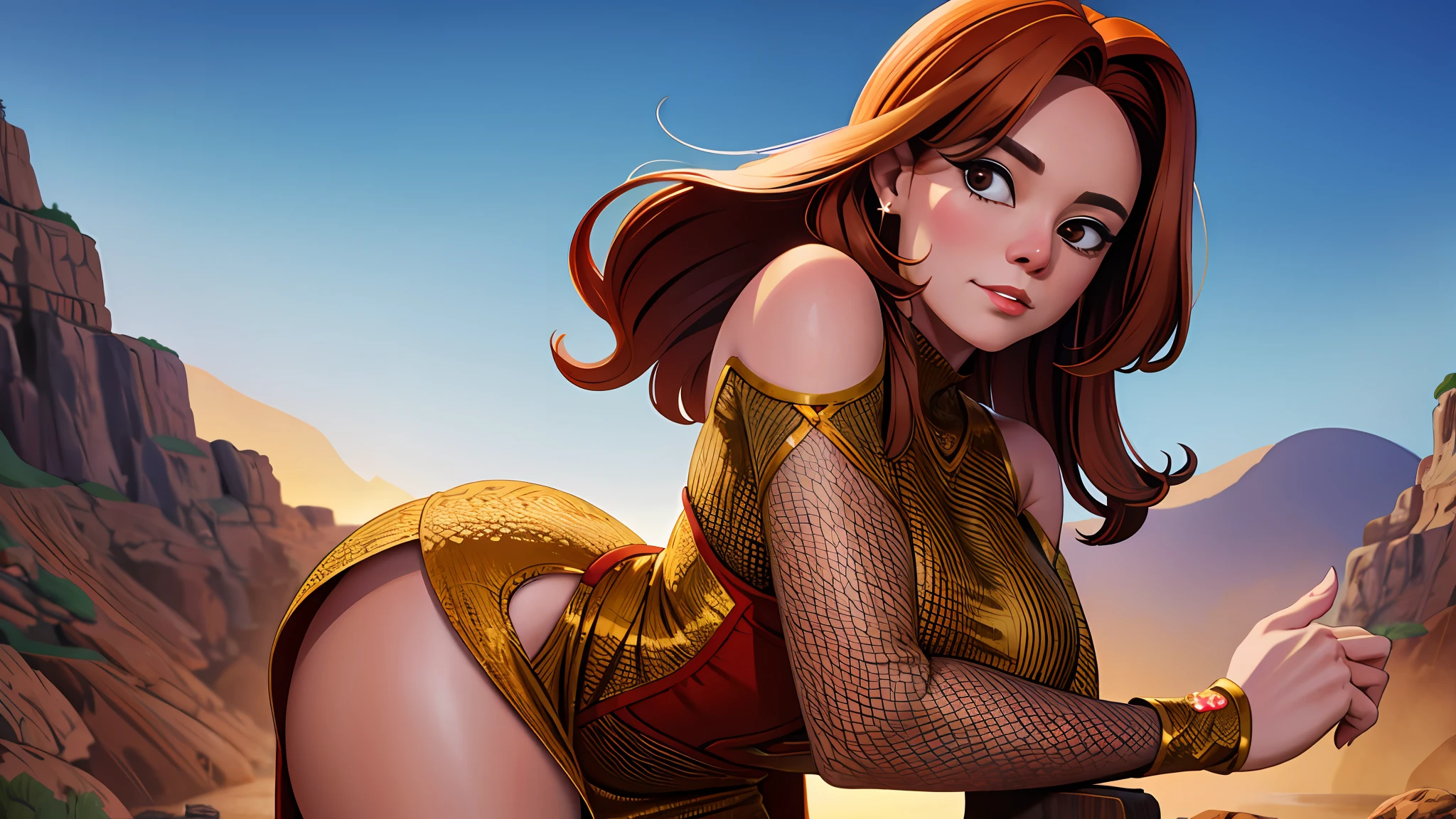 8K, (best quality:1.3), (masterpiece:1.3), (detailed:1.2), distinct image, (Cowboy shot), BREAK Solo, looking at viewer, Voluptuous body, Layered Cut Golden Auburn hairs, Mahogany eyes, Mesh Sleeve Bodycon Dress natural volumetric lighting, Artistic Background