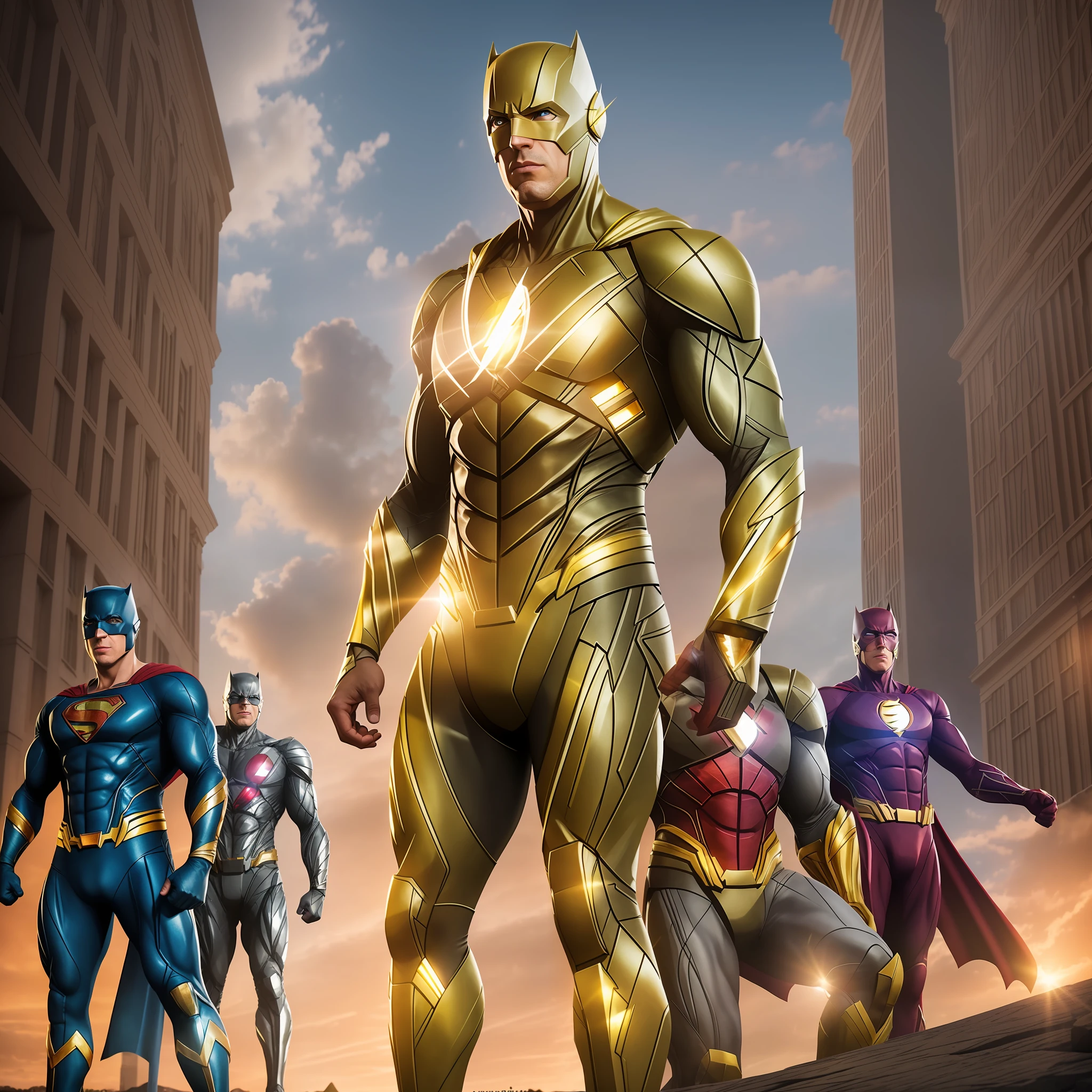 create a realistic yellow flash image of the justice league realistic and realistic lighting super resolution 8k, image, full body full size high image - (Waiting to start) --auto --s2