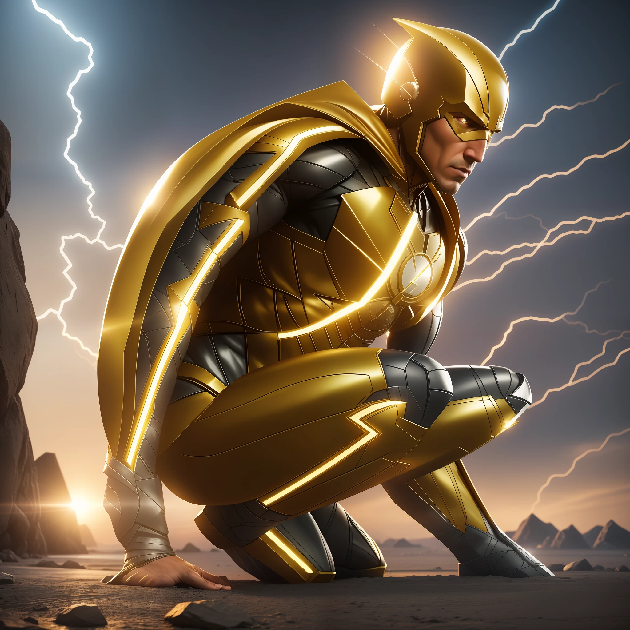 create a realistic yellow flash image of the justice league realistic and realistic lighting super resolution 8k, image, full body full size high image - (Waiting to start) --auto --s2