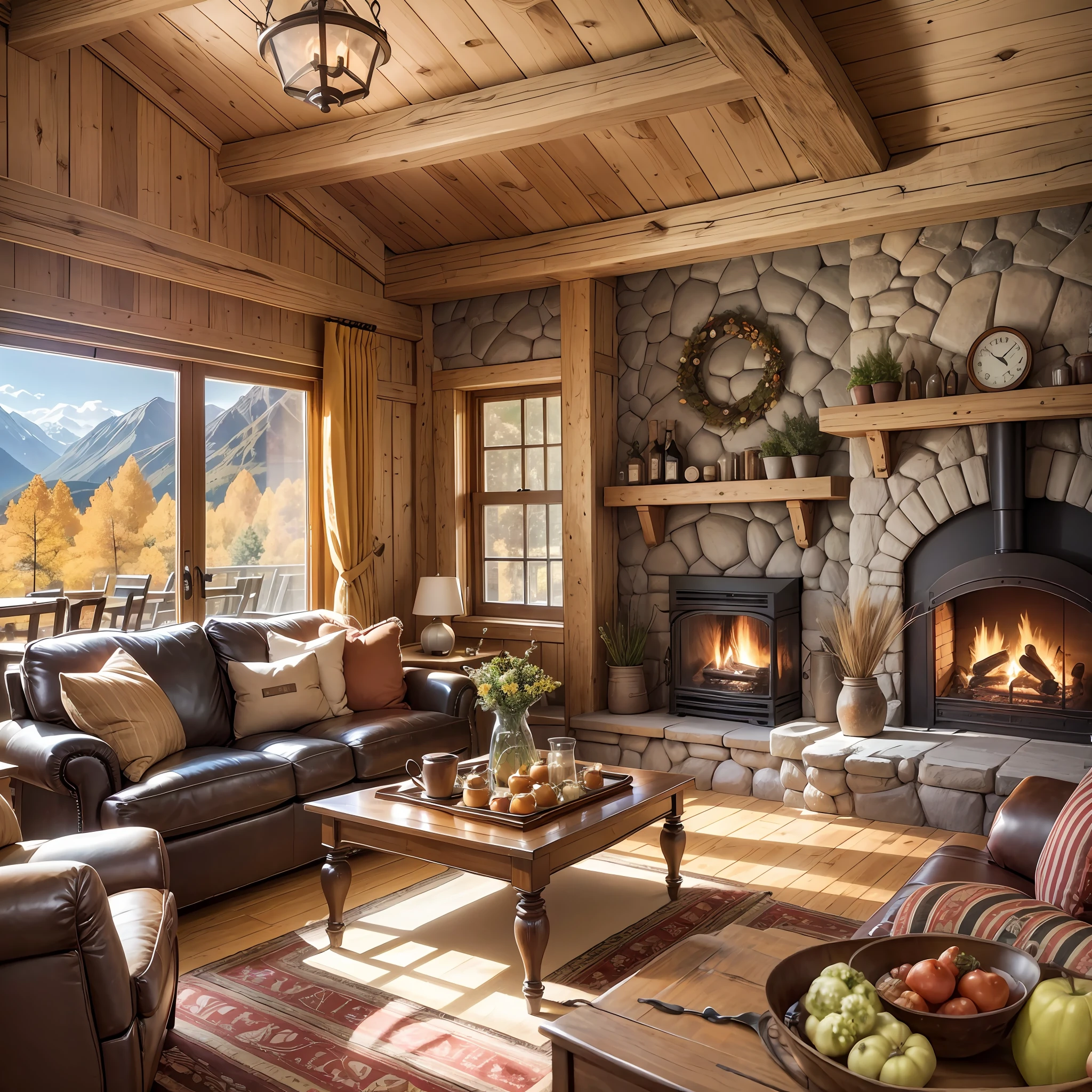 A living room with classic and cozy furniture, inspired by chalets, in the rustic style, with a fireplace, glass windows with an autumnal landscape outside, realistic photo with cafeteria air --auto --s2