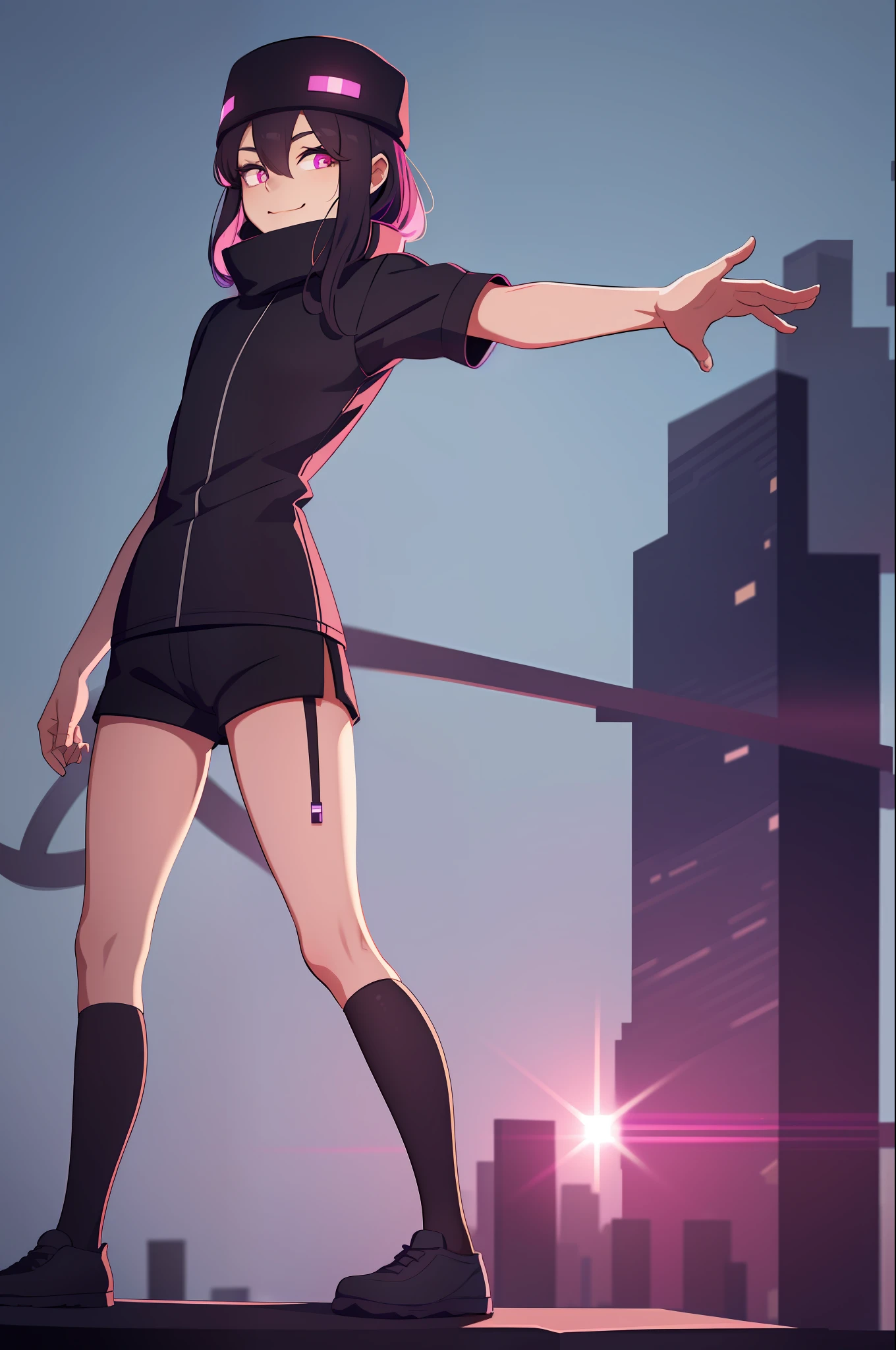 Highly detailed, high quality, masterpiece, cute, Enderman-chan, 1girl, detailed clothing,short shorts, light smile, standing,arm outstretched