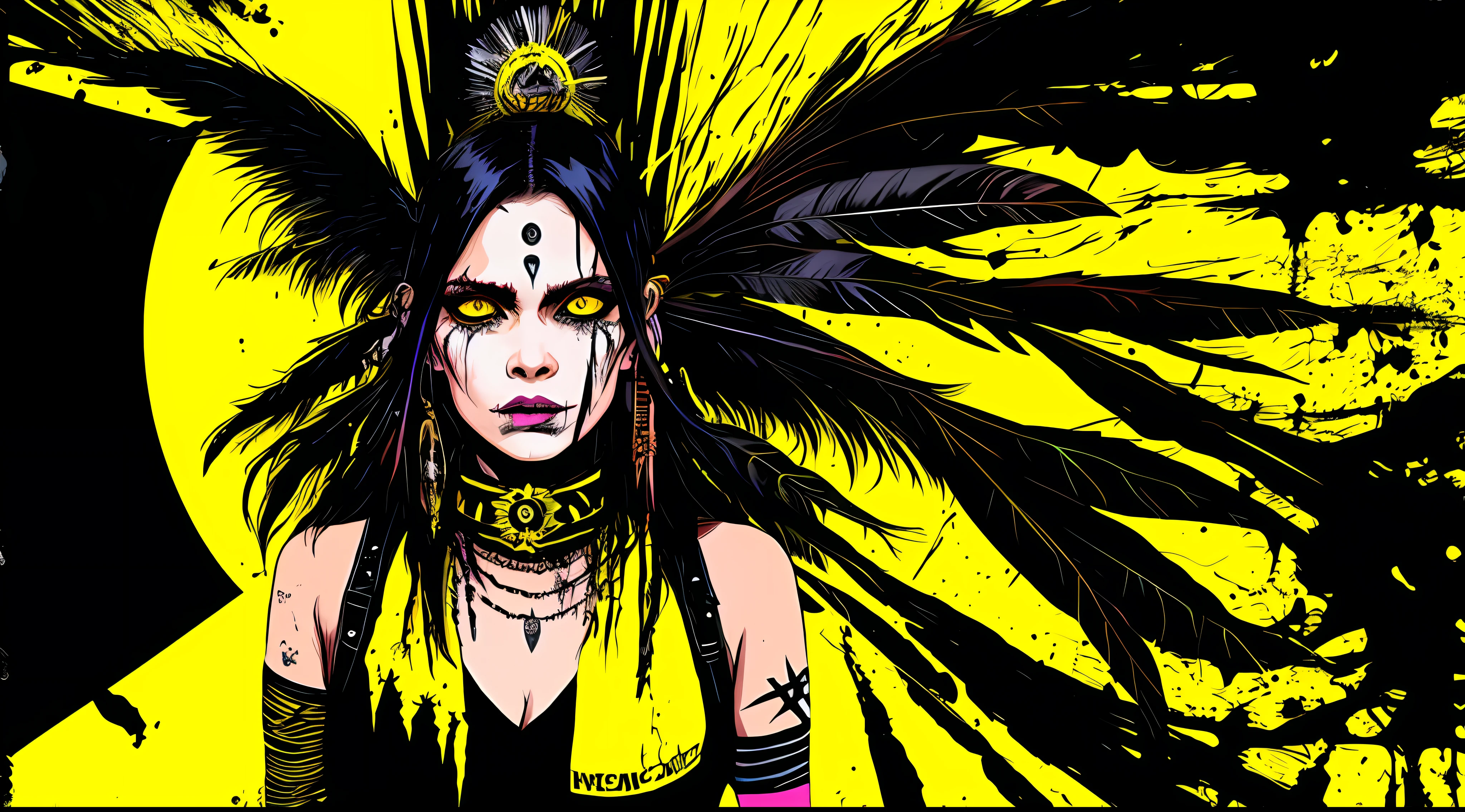 yellow and black, indigenous witch woman, in the style of Mork Borg, strong contrast, grunge dirty punk splash art, zine black metal, colorful splash background