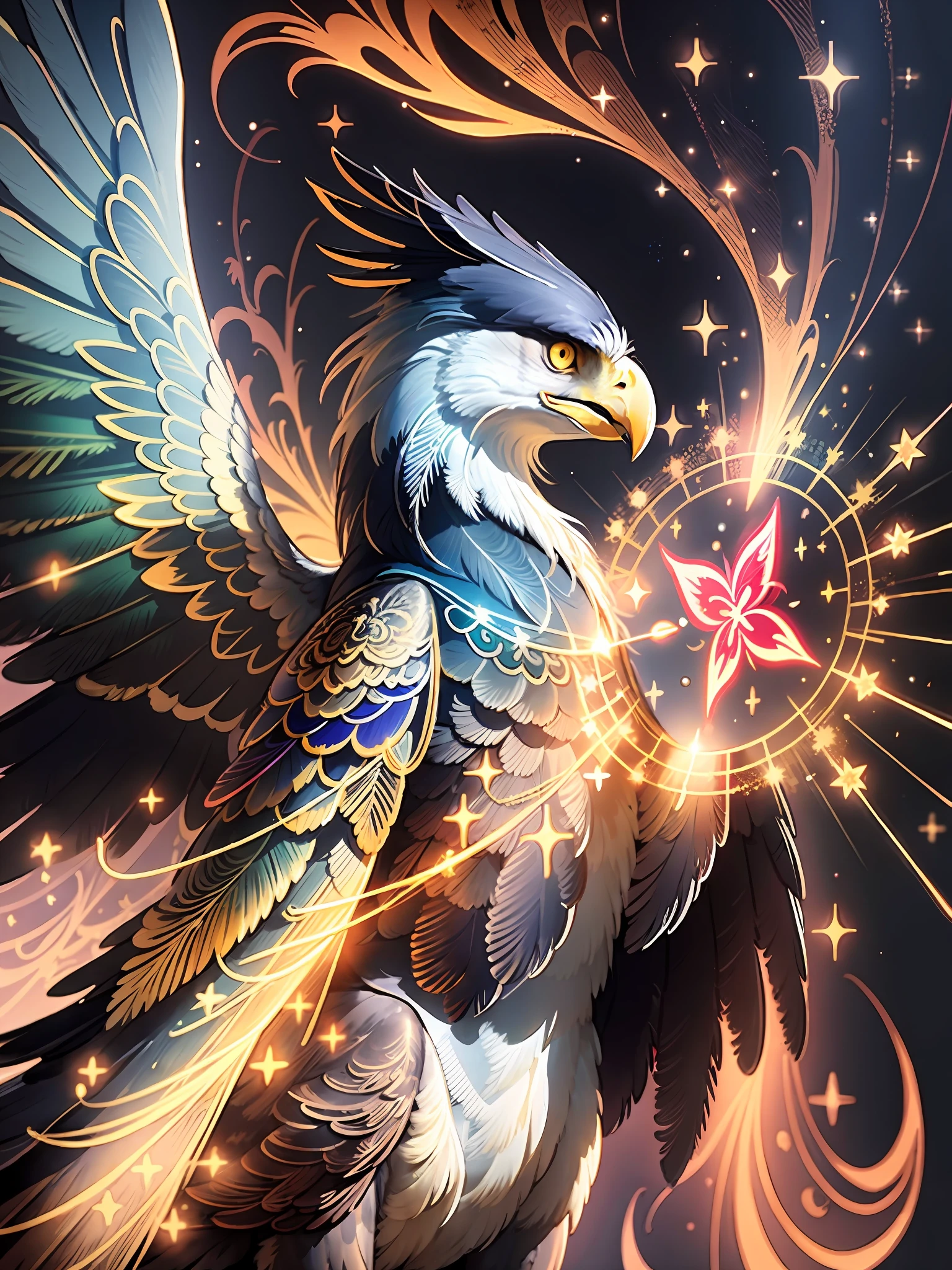 a painting of a colored eagle on a black background,, breathtaking rendering, within a radiant connection, inspired by Kinuko Y. Craft,, magical elements, kitten icon, wow, is beautiful, casting a multi colorful spell, bright flash, flash