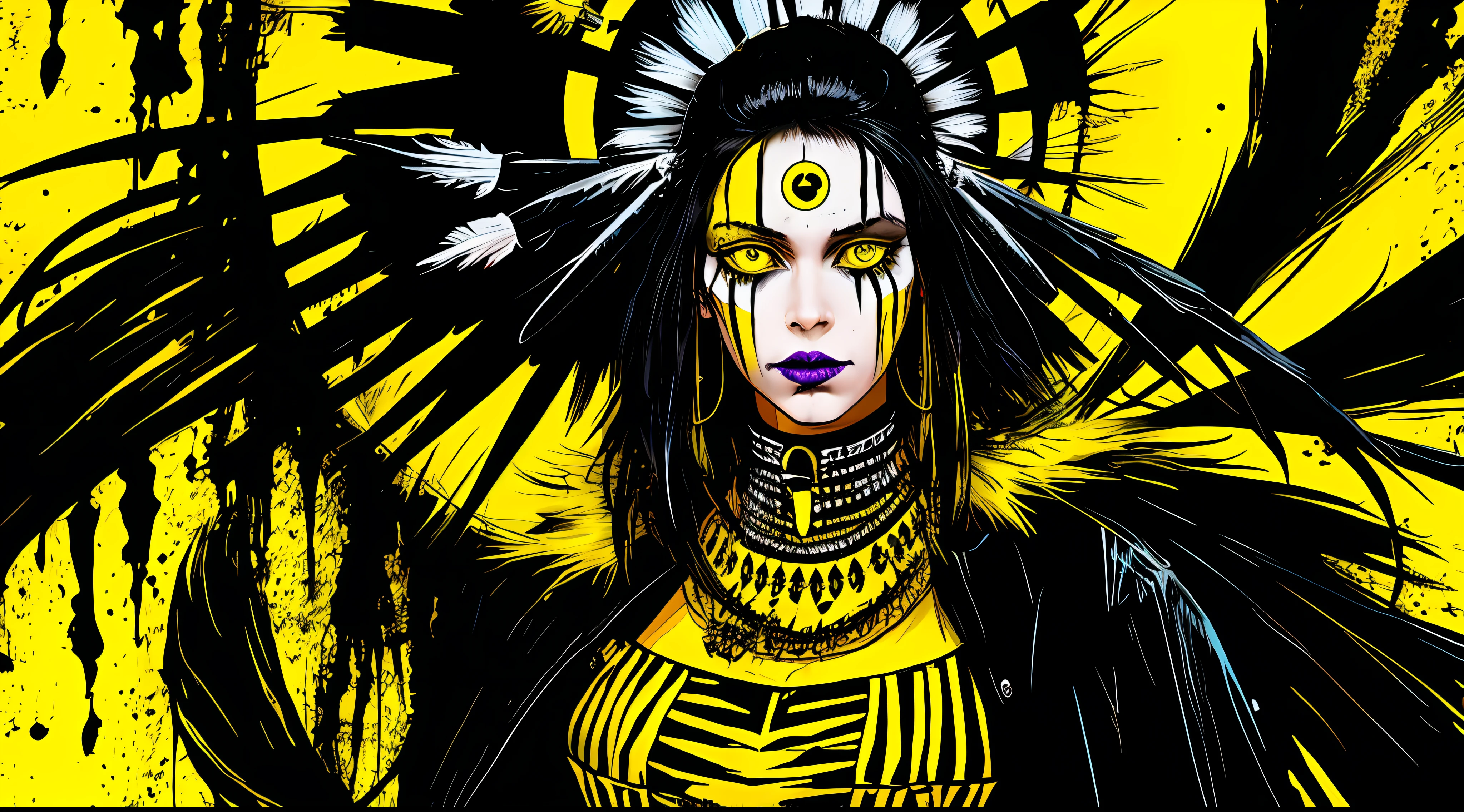 yellow and black, indigenous witch woman, in the style of Mork Borg, strong contrast, grunge dirty punk splash art, zine black metal, colorful splash background