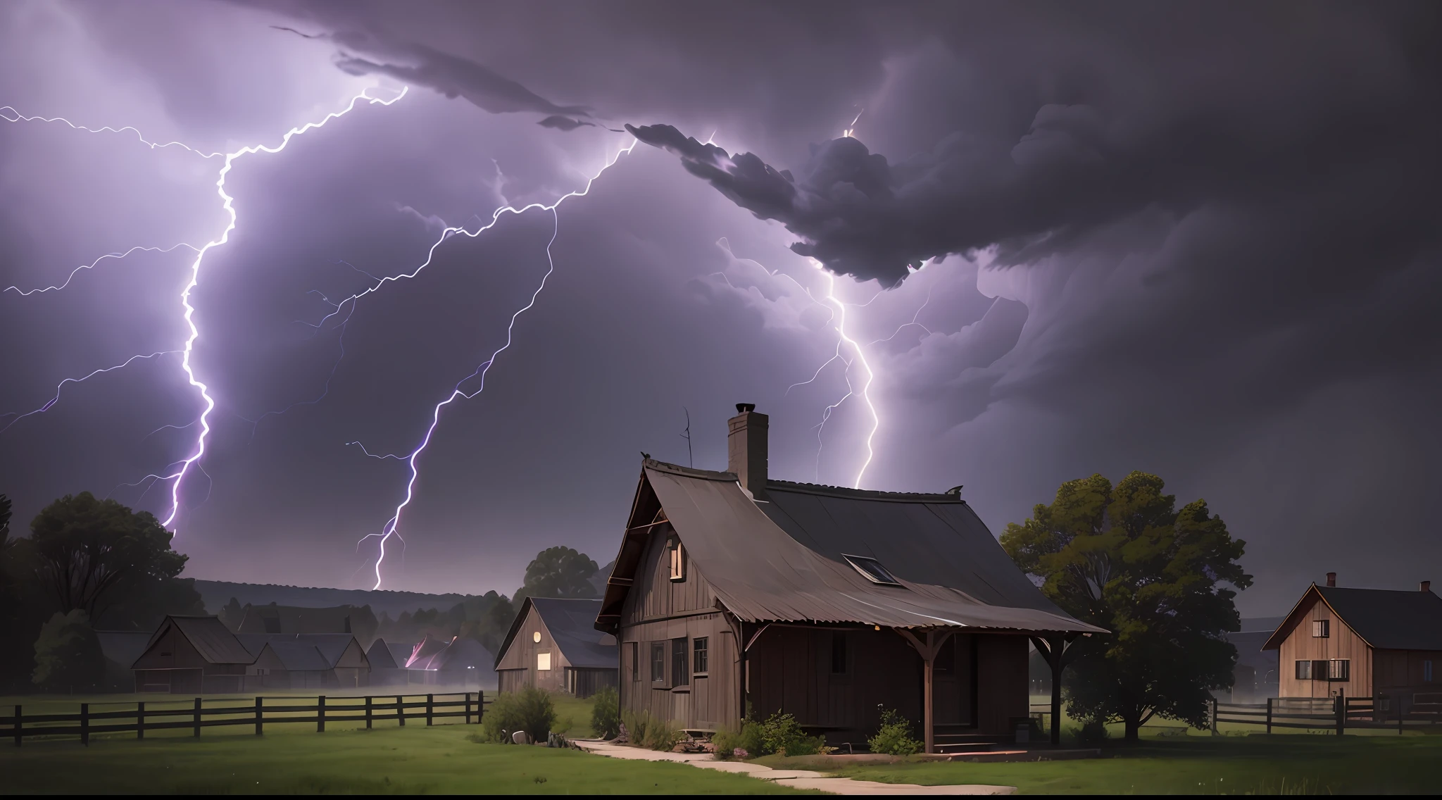 A village house, there is an old elm tree in the yard, day, lightning, lightning hitting the elm tree, black smoke, purple hair, solo, cinematic texture --auto --s2