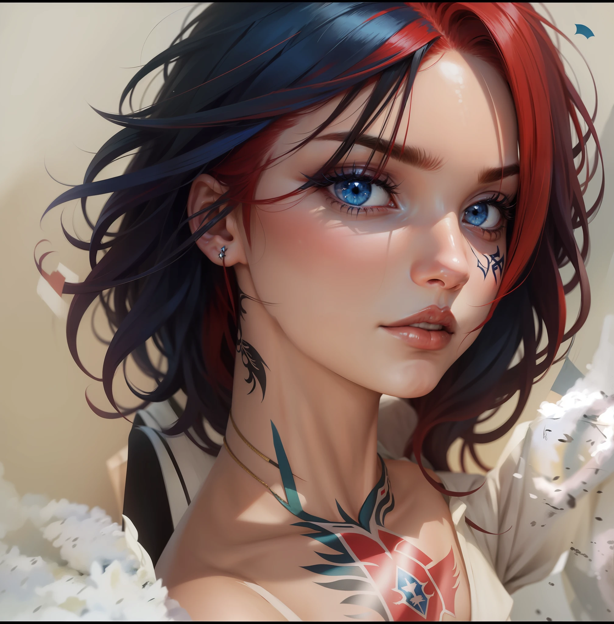 blue eyes red hair with tattoos of the Brazilian flag on the neck
