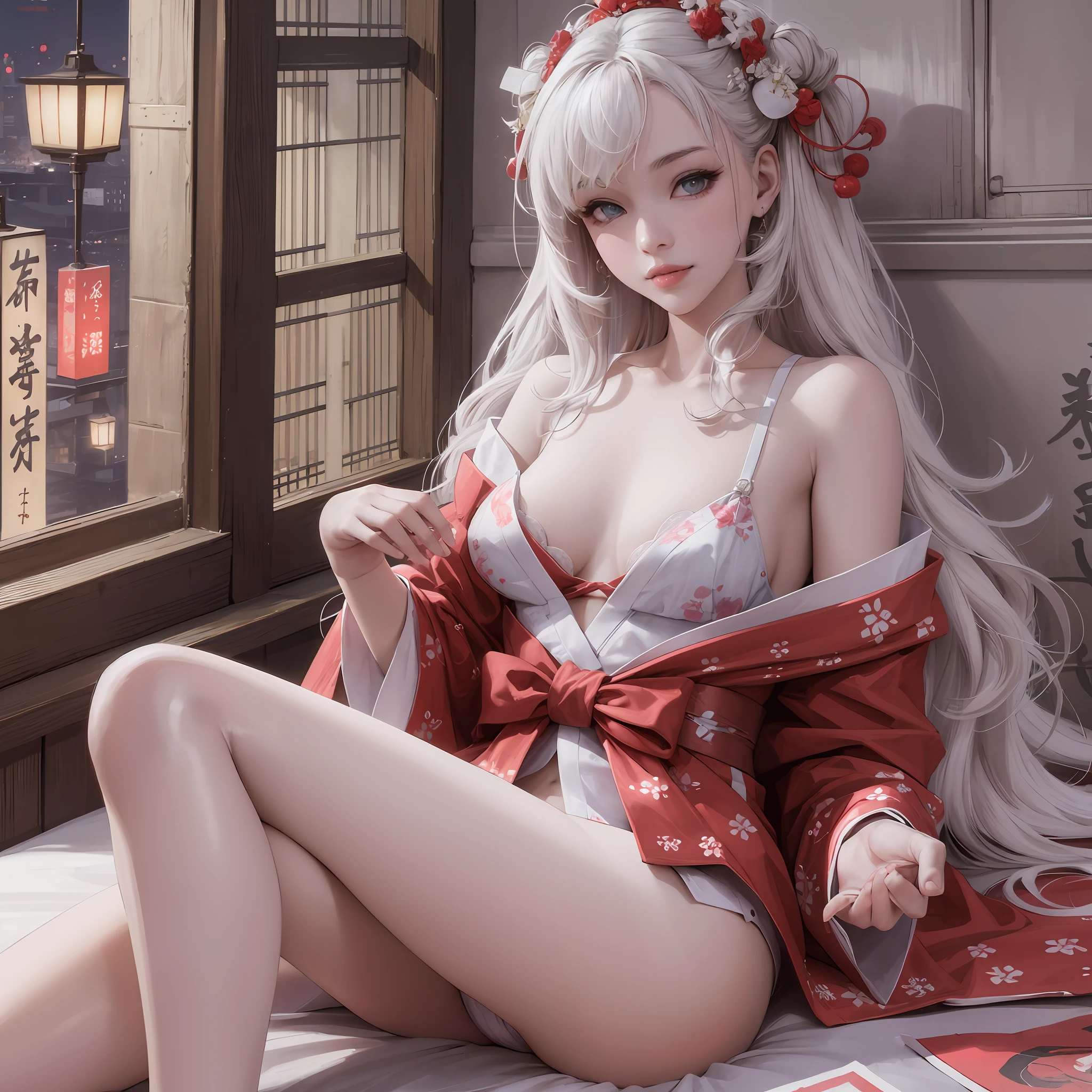 I gril, realistic, 20 years old, white, very thick thighs, small smile in the middle of the lips straight and long hair a little curly white color, white kimono open, neckline, panties, breasts extremely granades, word love in Japanese written in red on the pupils of the blue eyes of the character, sitting on the bed in a sensual way, posed for photo,  Small bra, Japanese New Year festival at night --auto --s2