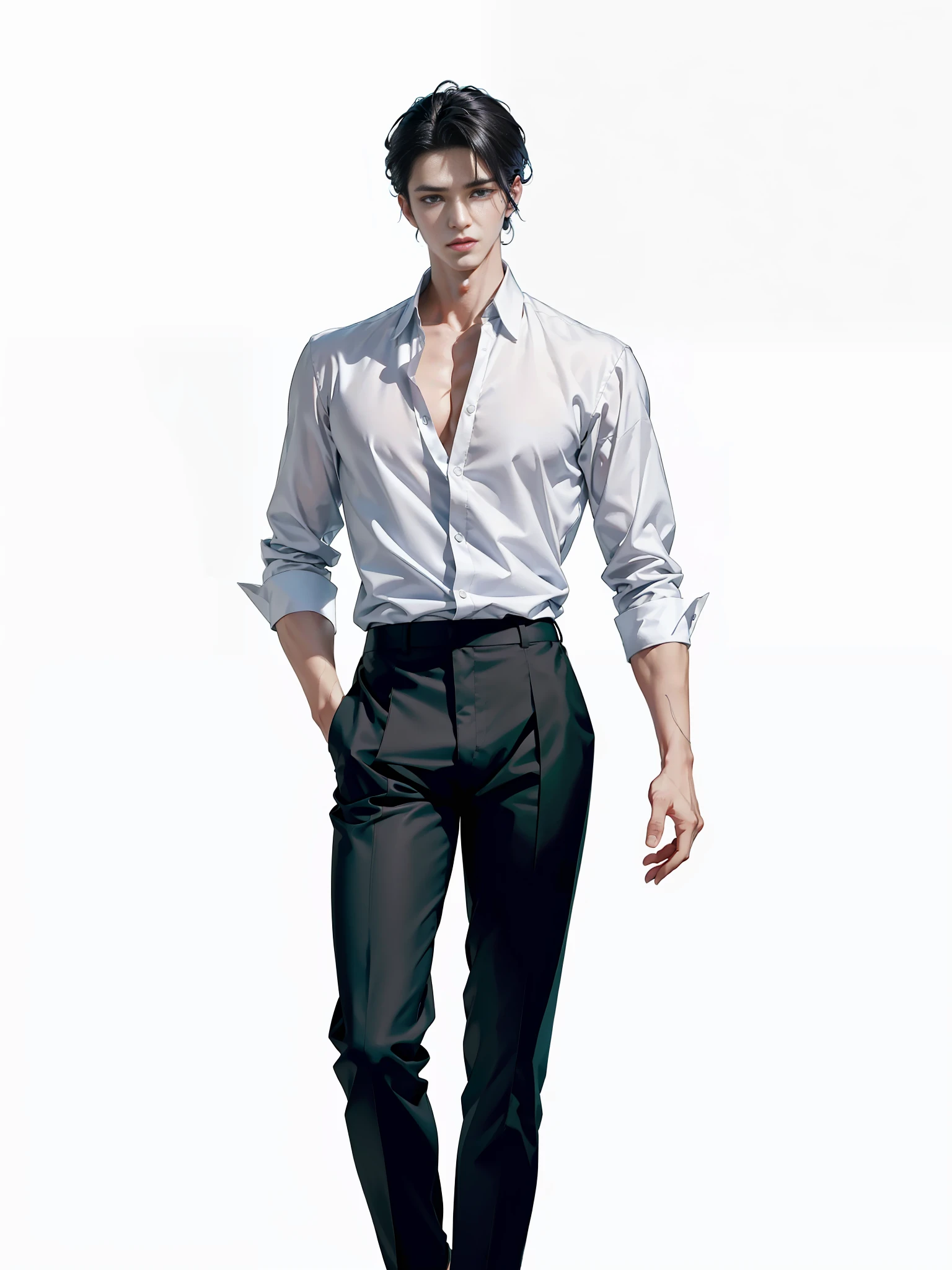 arafed image of a man in a white shirt and black pants, inspired by Yanjun Cheng, handsome anime pose, inspired by Zhang Han, single character full body, anime handsome man, handsome guy in demon slayer art, smooth anime cg art, inspired by Bian Shoumin, tall anime guy with blue eyes, male anime character, full body single character