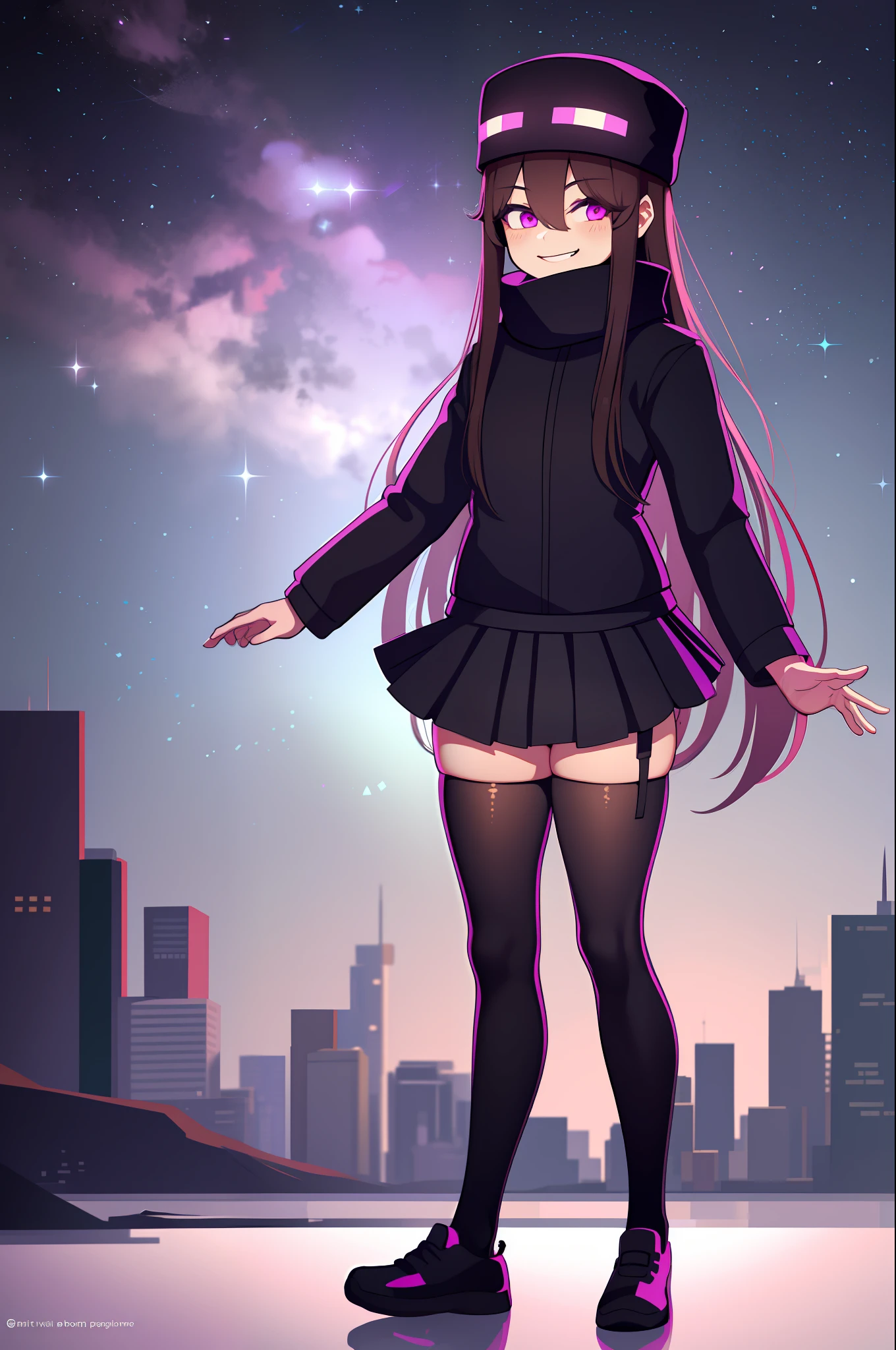 Highly detailed, high quality, masterpiece, cute, Enderman-chan, 1girl, detailed clothing, short shorts, light smile, standing