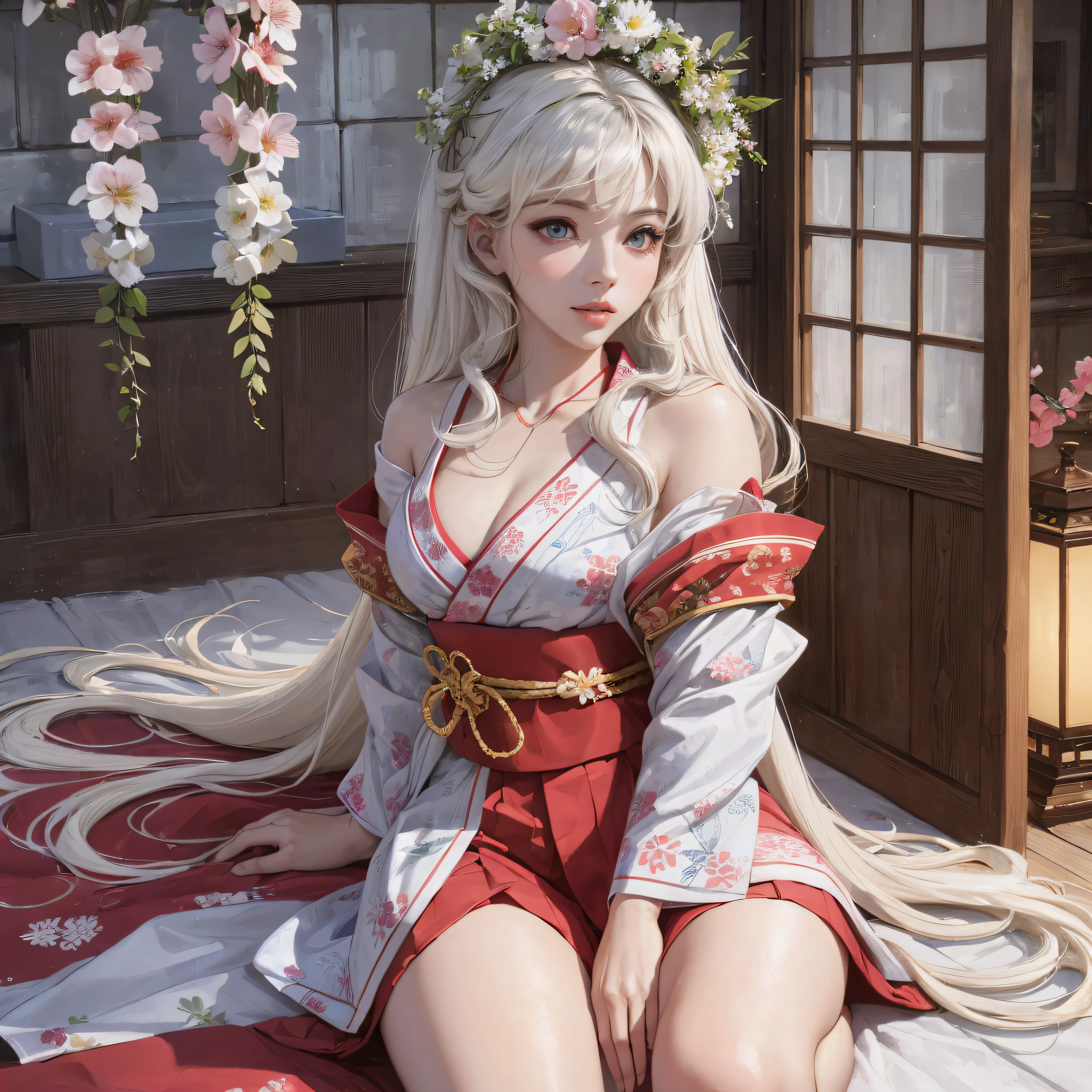 I gril, realistic, 20 years old, white, very thick thighs, small smile in the middle of the lips straight and long hair a little curly white color, white kimono open, neckline, panties, breasts extremely granades, word love in Japanese written in red on the pupils of the blue eyes of the character, sitting on the bed in a sensual way, posed for photo,  Small bra, Japanese New Year festival at night --auto --s2