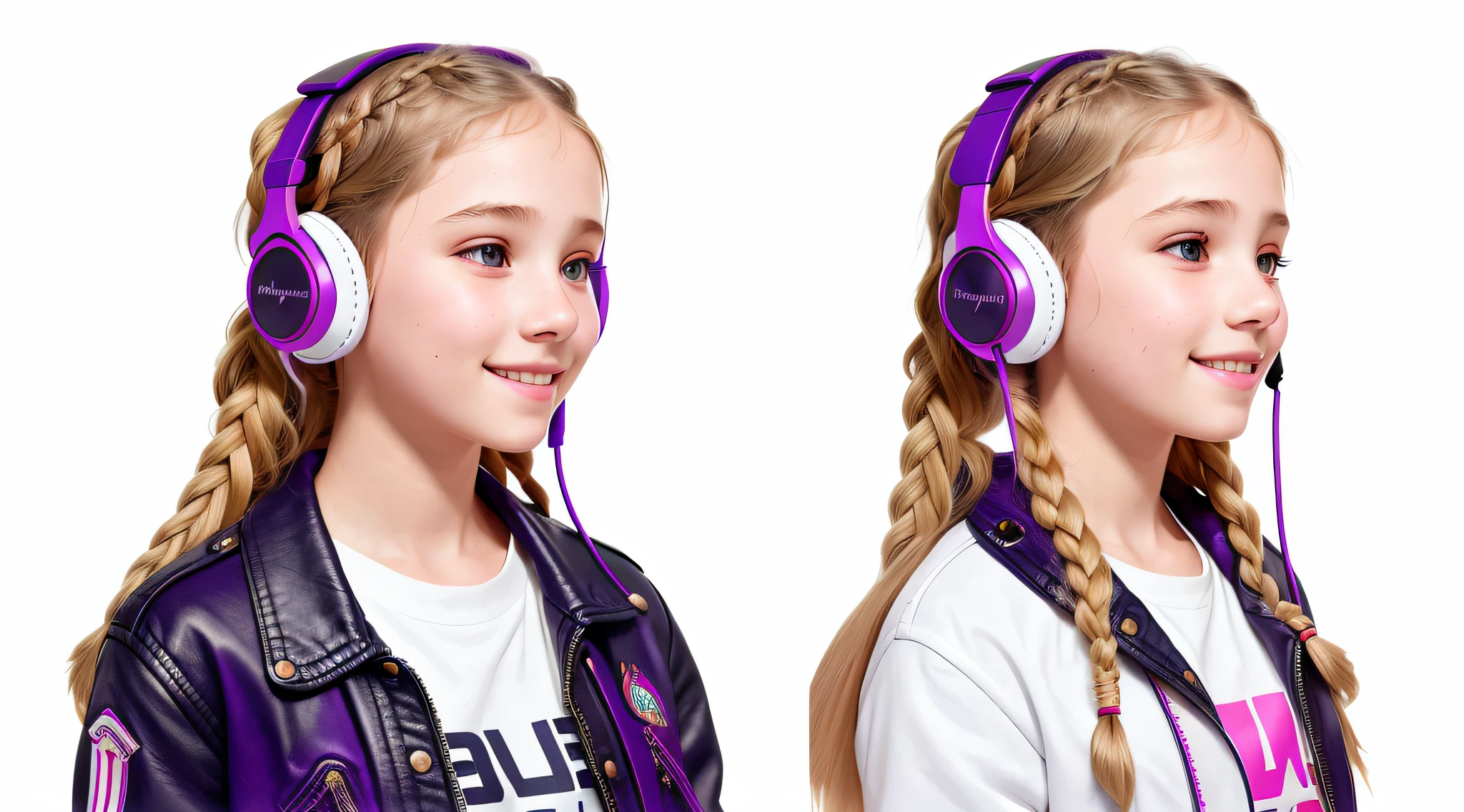 girl , blonde long hair of braids,portrait, with headphones on smiling and holding hands up many red feathers falling from the ceiling, purple leather jacket, girl wearing headphones, listening to music, wearing headphones, with headphones, with headphones, wearing a headset, vibrating with music, Listening to pious music, using headphones, using gaming headsets, tinnitus, high-quality portrait, headphones on, digital art H 9 6 0, (white background: 1.3).