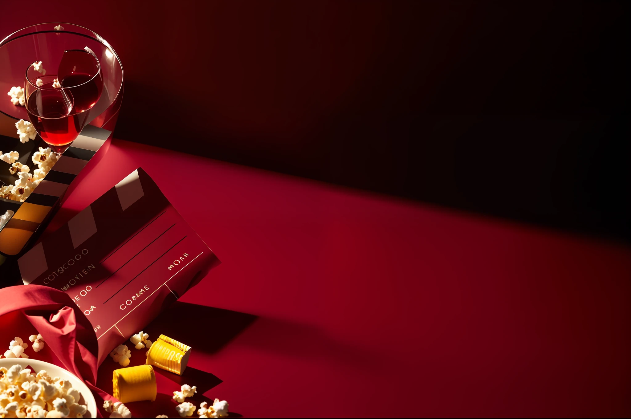 a close up of a movie clap, popcorn, and a glass of wine, movie poster with no text, movie concept, cinematography composition, on a red background, cinematographic shot, film scene, cinematic movie shot, movie frame, cinematic film still, movie promo, cinematic movie scene, still frame from a movie, film production, cinematic background, movie footage