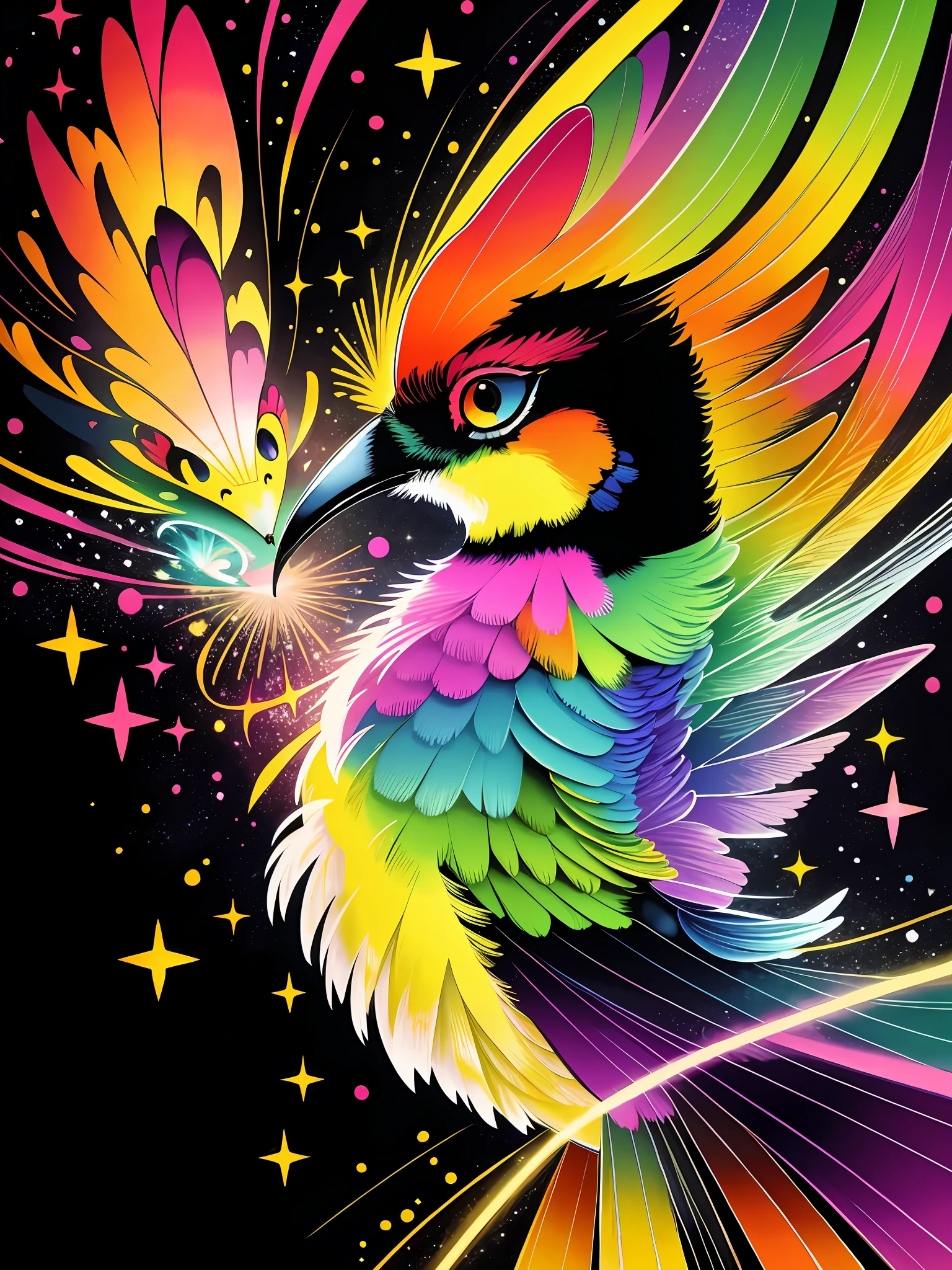 a painting of a colorful Humming-bird on a black background, rendered breathtaking, in a radiant connection, inspired by Kinuko Y. Craft, magical elements, kitten icon, wow, is beautiful, casting a multicolored spell, bright flash, flash