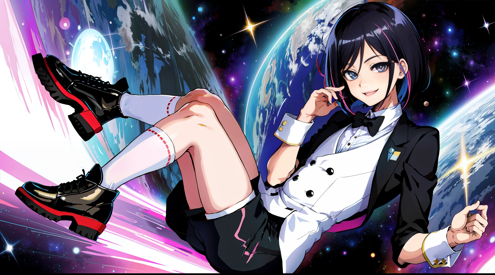 HD graphics, anime face look, slim boy butler with 1 Bob hairstyle, shorts, knee socks, strong and vibrant eyes, happy smile, universe, space