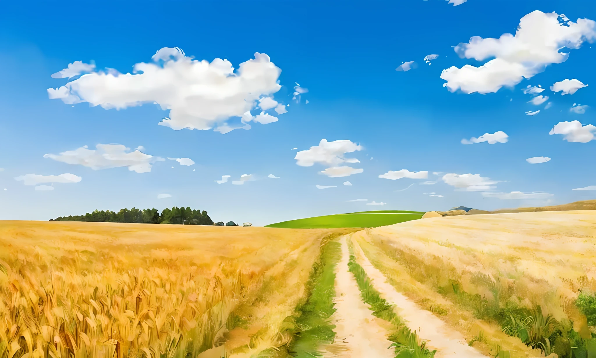 a view of a dirt road in a wheat field with a blue sky, wide landscape, countryside, roads among fields, vast wheat fields, country road, on the vast wheat fields, country landscape, wheat fields, empty wheat field, wide angle landscape, dirt road background, immense wheat fields, farm land, idyllic and fruitful land, in the countryside --auto --s2