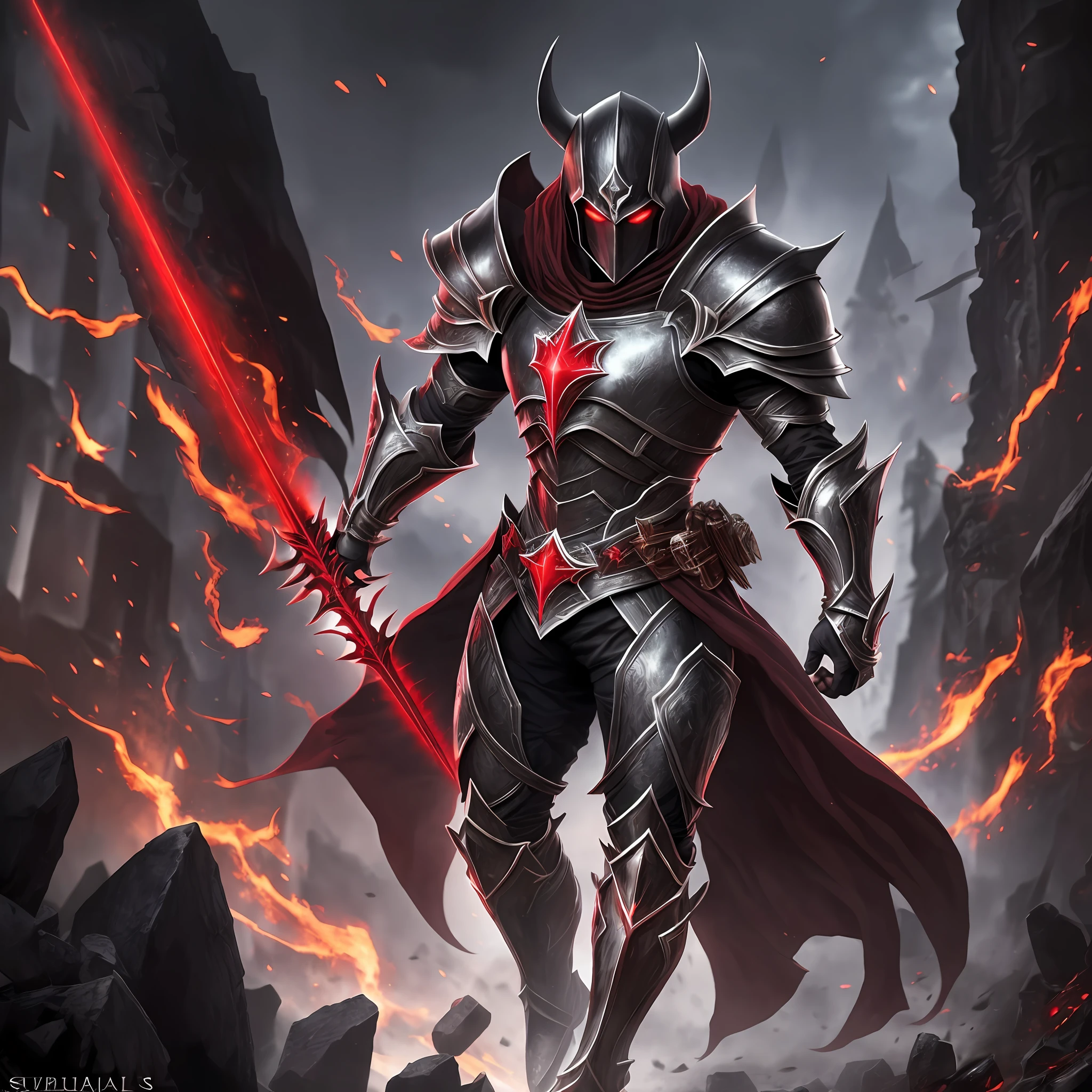 Dark man crusader, mythical armor, tenebrous aura, red eyes, extremely detailed, dark weapon, calamity --auto --s2