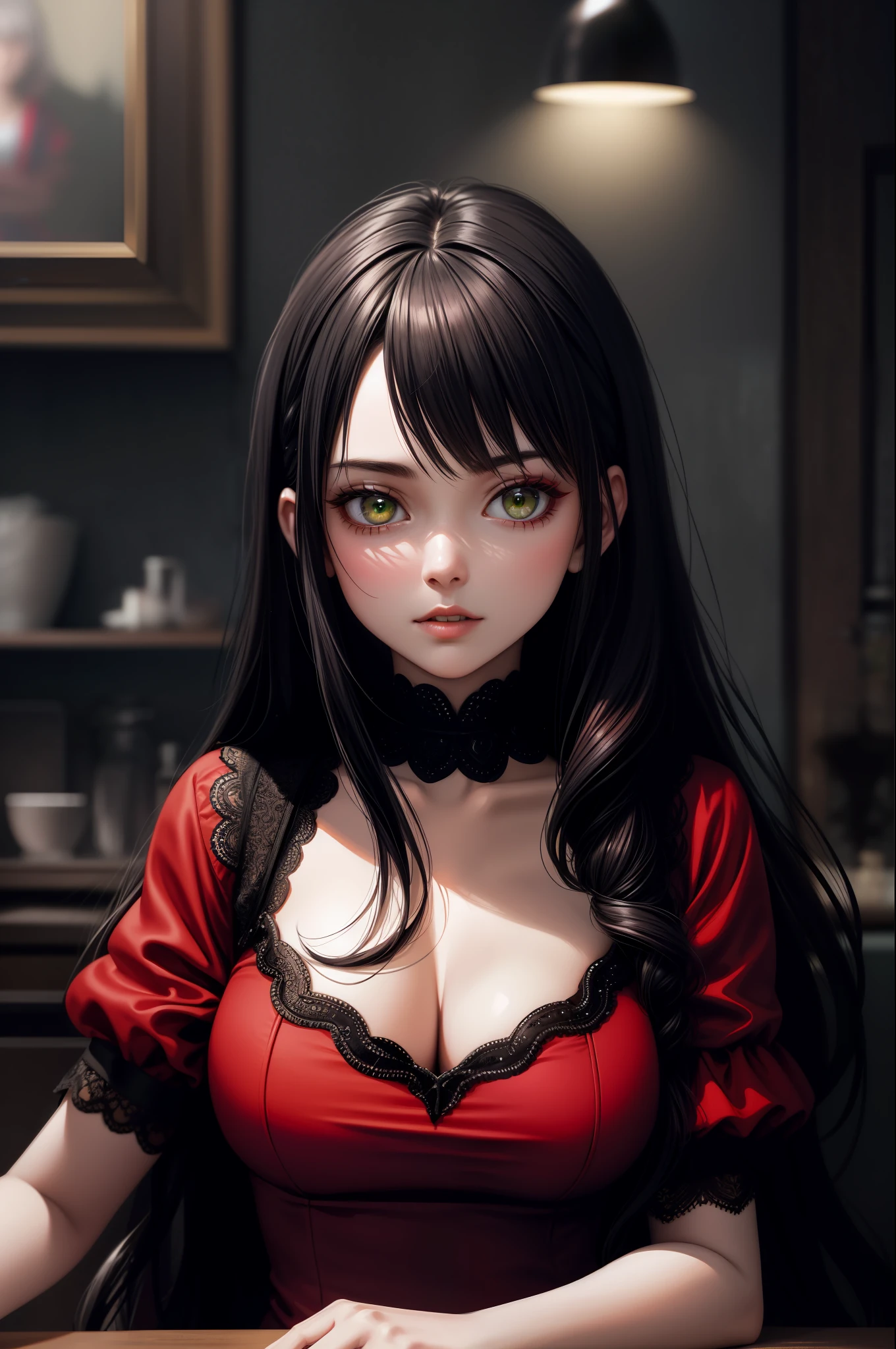 (painting of the highest quality, Stable Diffusion), very detailed, strong emphasis on the red dress, black hair of a 25-year-old woman, green eyes, no hands in the picture, closeup.