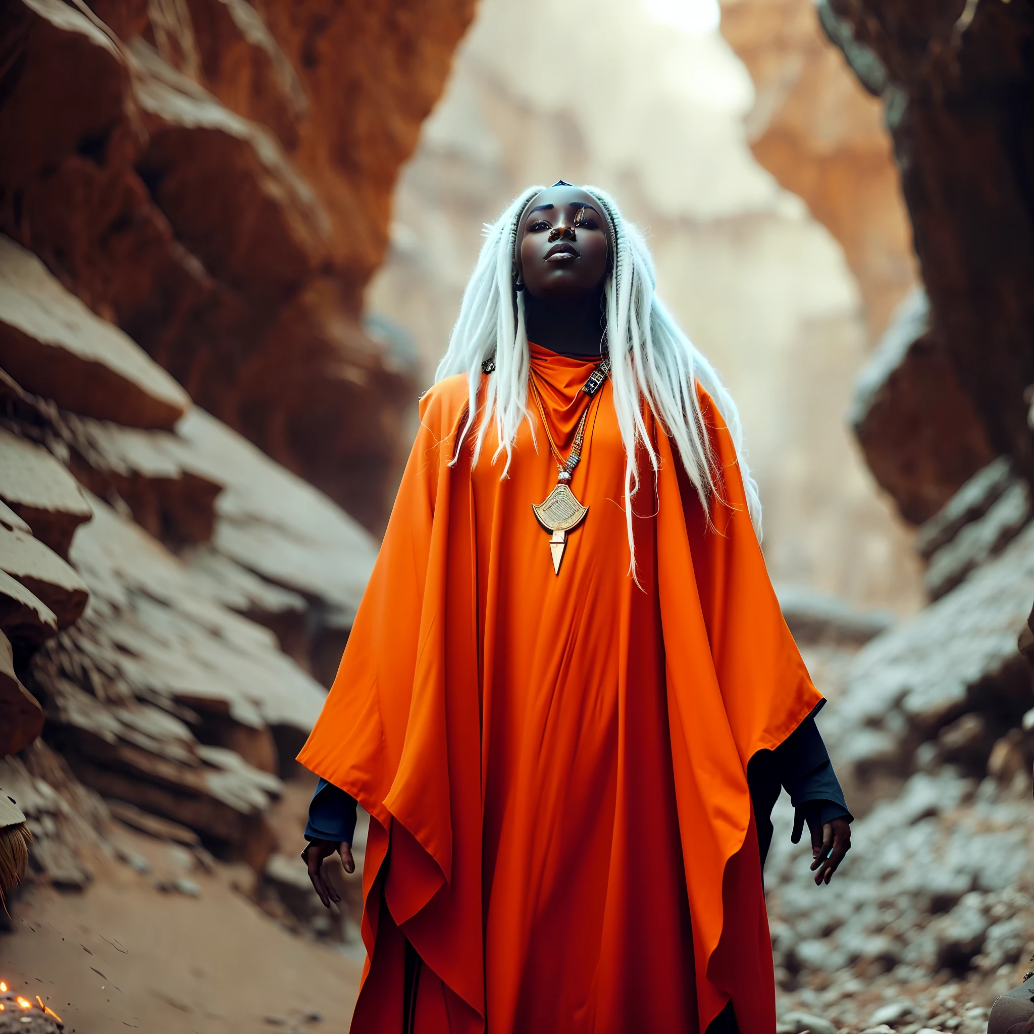 arafed woman in an orange robe standing in a canyon, african cyberpunk wizards, futuristic himba young woman, portrait of ororo munroe, futuristic himba teenage girl, afrofuturism style, patron saint of 🛸🌈👩🏾, dressed as an oracle, beautiful futuristic himba woman, afrofuturism, wearing flowing robes, portrait of albino mystic, drow