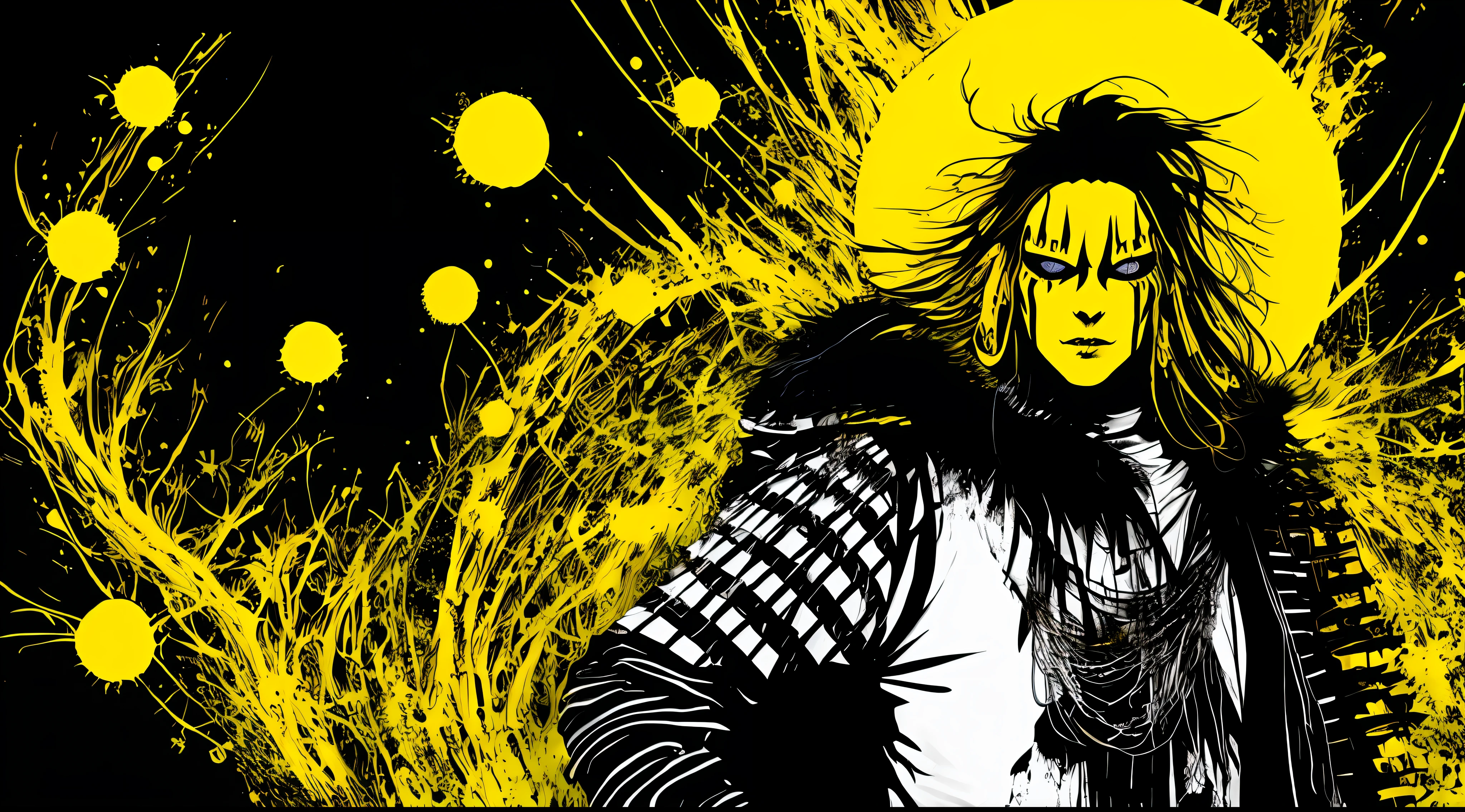 yellow and black, the forest shaman, in the style of Mork Borg, strong contrast, grunge dirty punk splash art, zine black metal, colorful splash background