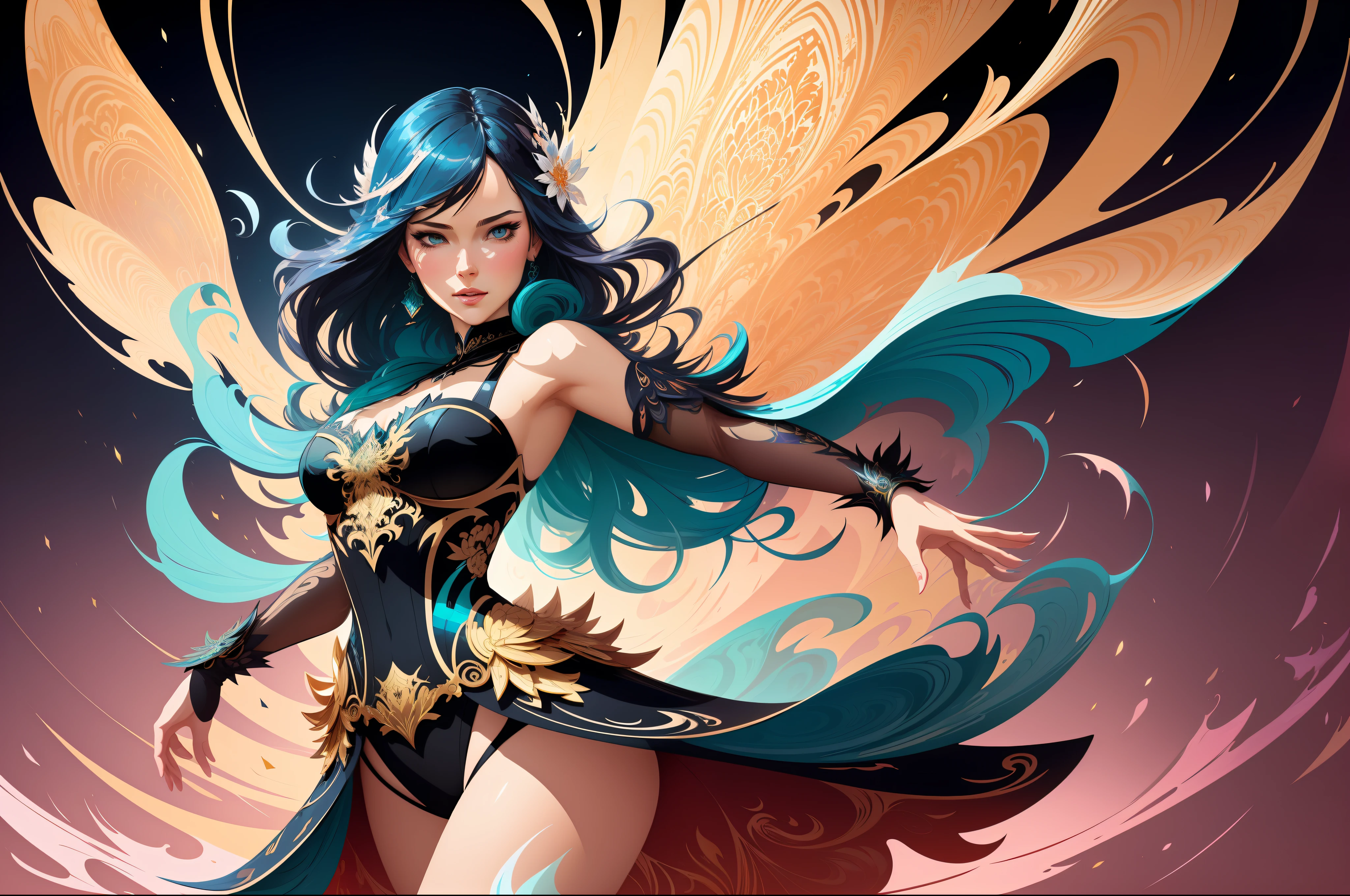 flat vector art, woman, beautiful anime style woman, flat color, wide angle, Dancer fine art filigree, paper marbling! Oil splash!! Oil stained!!", intricate hyperdetailed fluid gouache illustration by Android Jones: By Ismail Inceoglu and Jean Baptiste mongue: James Jean: Erin Hanson: Dan Mumford: professional photography, natural lighting, volumetric lighting maximalist photoillustration 8k resolution concept art intricately detailed, complex, elegant, expansive, fantastical