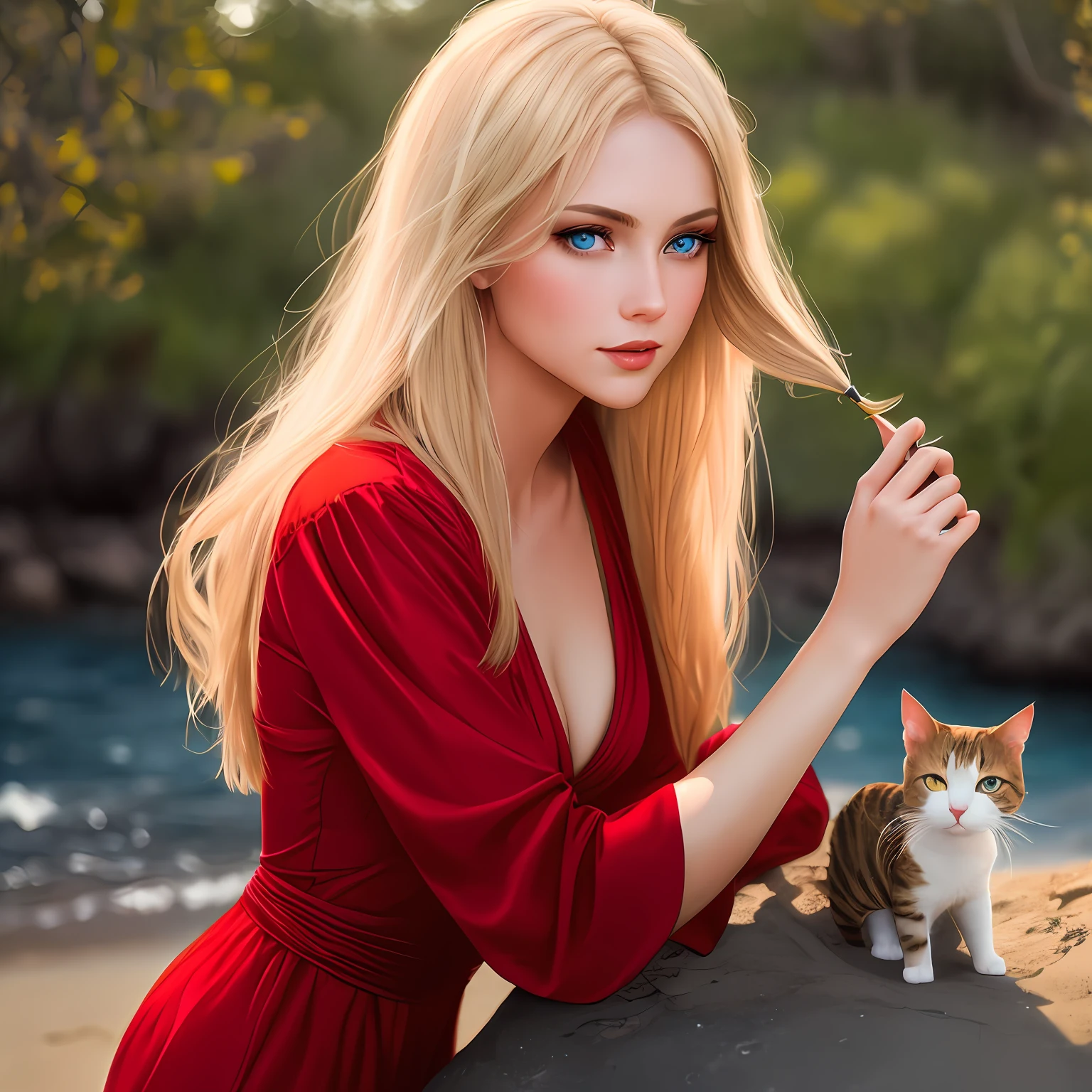 (sharp focus: 1.2), photo, attractive young woman, (beautiful face: 1.1), detailed eyes, delicious lips, (cat eye makeup: 0.85), (big blue eyes: 1.0), (toned body: 1.2), (straight long blonde hair: 1.2), wearing (red dress: 1.2) on one (beach:1.2). (moderate illumination: 1.2), depth of field, bokeh, 4K, HDR. by (James C. Christensen:1.2 | Jeremy Lipking:1.1).