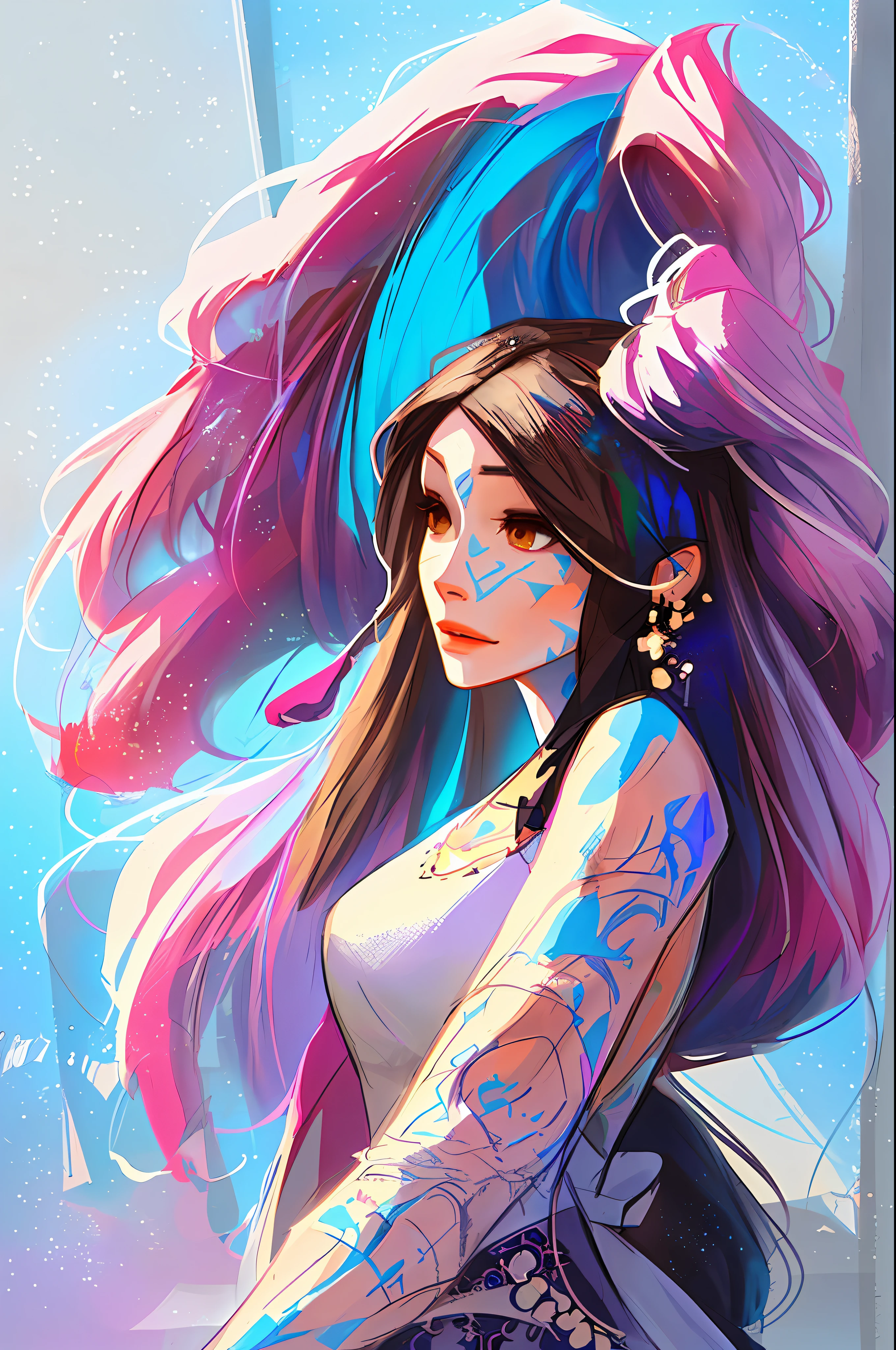 (symmetry:1.1) (portrait of floral:1.05) a woman as a beautiful goddess, (assassins creed style:0.8), blue and pink and opal color scheme, beautiful intricate filegrid facepaint, intricate, elegant, highly detailed, digital painting, artstation, concept art, smooth, sharp focus, illustration, art by greg rutkowski and alphonse mucha, 8k