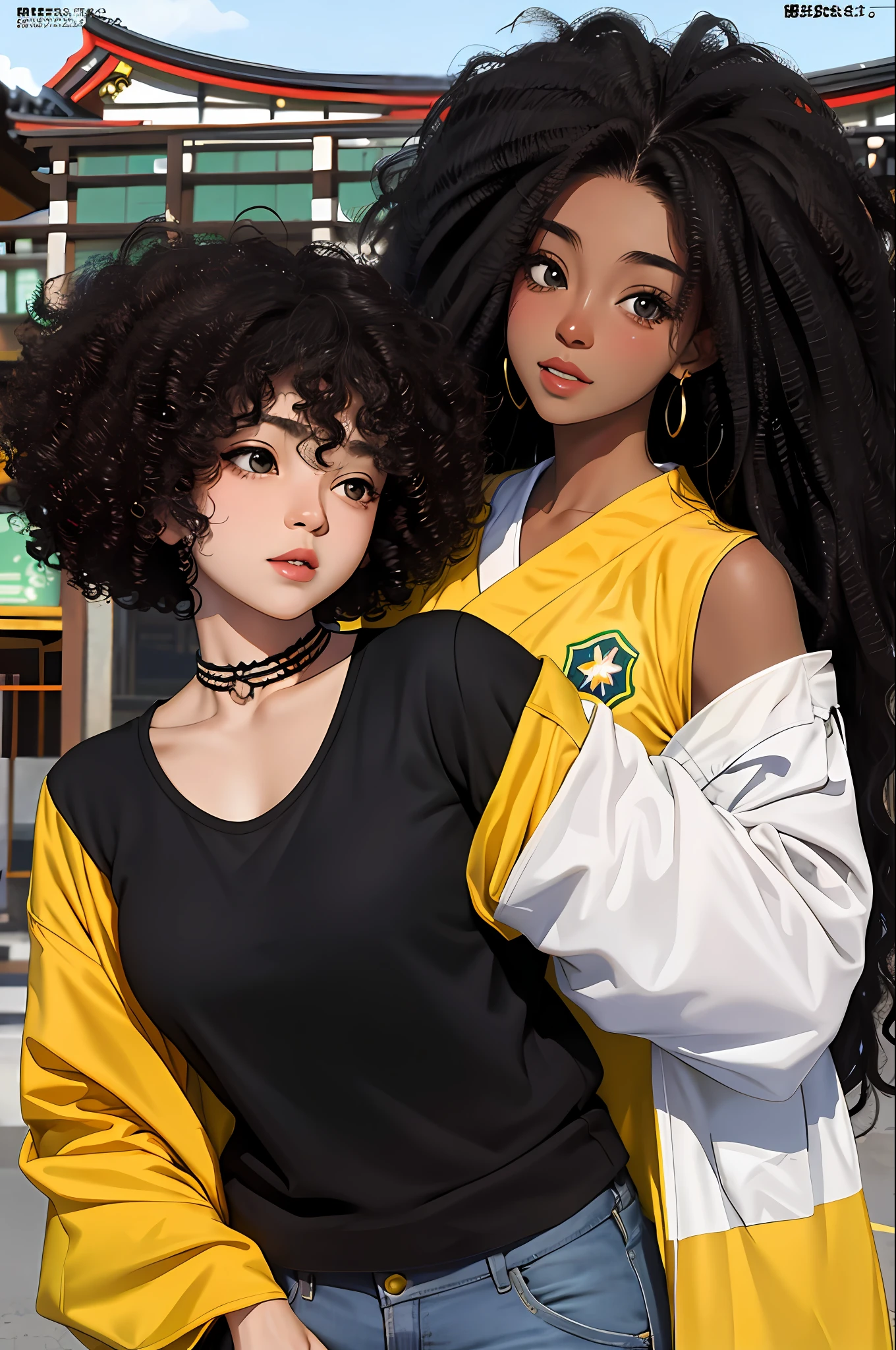 manga style, best quality, brazil shirt, curly hair, black skin colored girl, outdoors, japanese magazine cover, upper body, japanese magazine image background