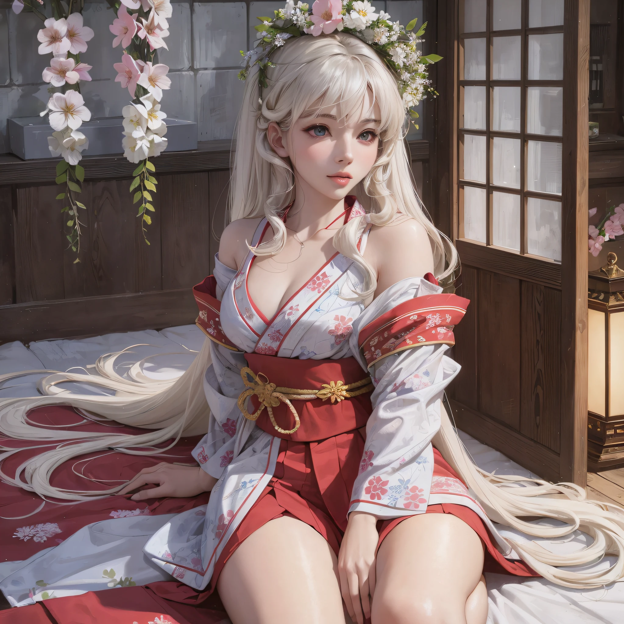 I gril, realistic, 20 years old, white, very thick thighs, small smile in the middle of the lips straight and long hair a little curly white color, white kimono open, neckline, panties,  extremely granades, word love in Japanese written in red on the pupils of the blue eyes of the character, sitting on the bed in a sensual way, posed for photo,  Small bra, Japanese New Year festival at night --auto --s2