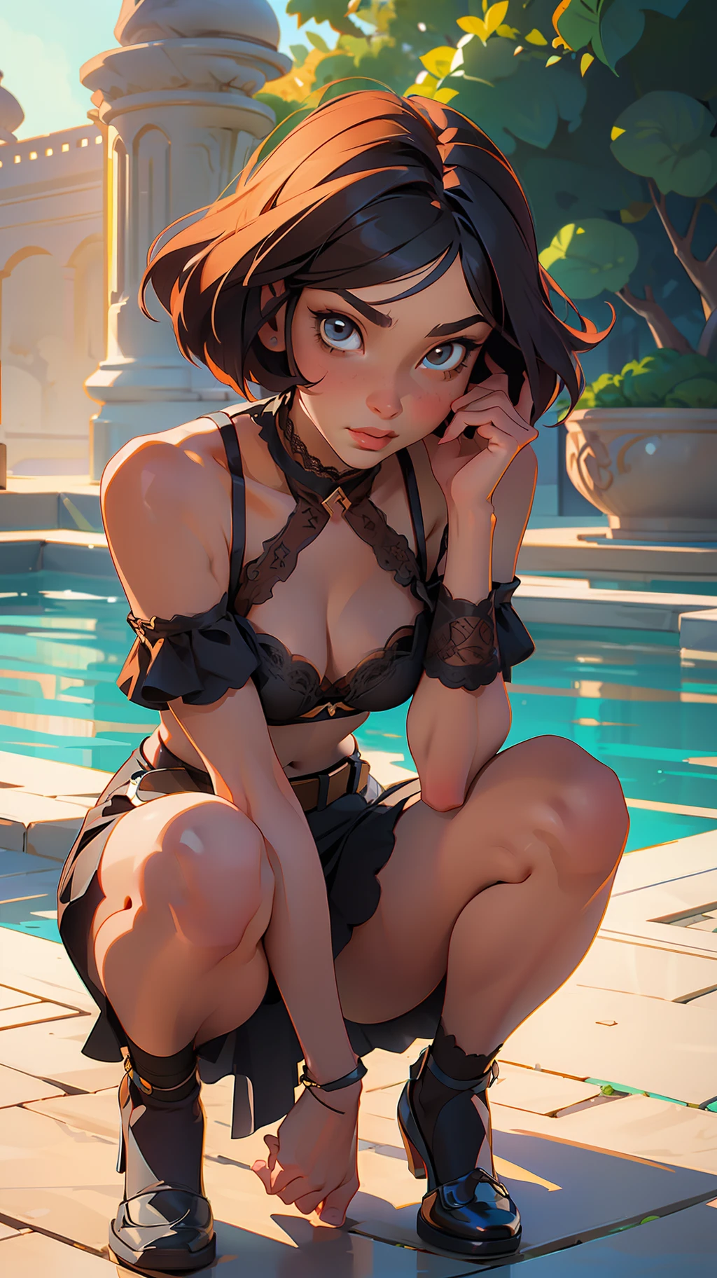 (Best Quality, Masterpiece: 1.1), (Fidelity: 1.4), Woman, Upper Body, Lustful glance, Flushed Face, Pleasure, Lustful Expression, Long Bob Cut Hair, In the Fountain Garden, Silk Corset, Lace Bra Without Bulge, Alloy Belt and Long Lace Lace, Lace Choker, Micro Silk Thong Panties with Lashing on the Sides, Crouching Position, legs open, full body, low sneaker, wide hips, Crotch on display, Camel paw bulge, anatomy big lips, medium breasts, looking at the viewer, pov from bellow,