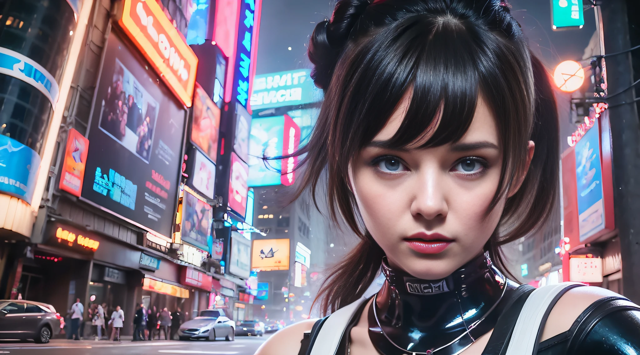 girl with blue eyes and black hair in a city, 4 k, artgerm and atey ghailan, digital cyberpunk art, girl of the future, high quality, digital art, expressing joy, cyberpunk art