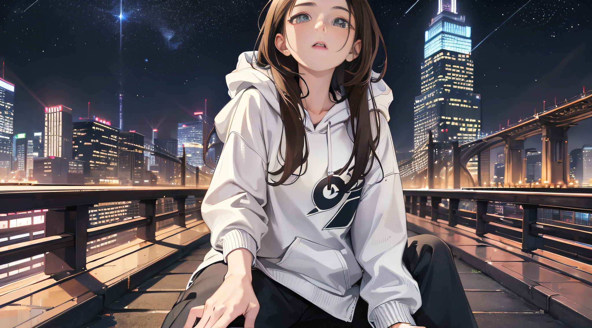 girl, full body, vista, cool, expression, city street, brown hair, masterpiece, exquisite, city building lights, white hoodie, heterochromatic pupils, 45 degrees looking up at the stars, high and cold expression, sitting on a bridge, slightly longer cuffs, sneakers, black cropped pants, top mopping
