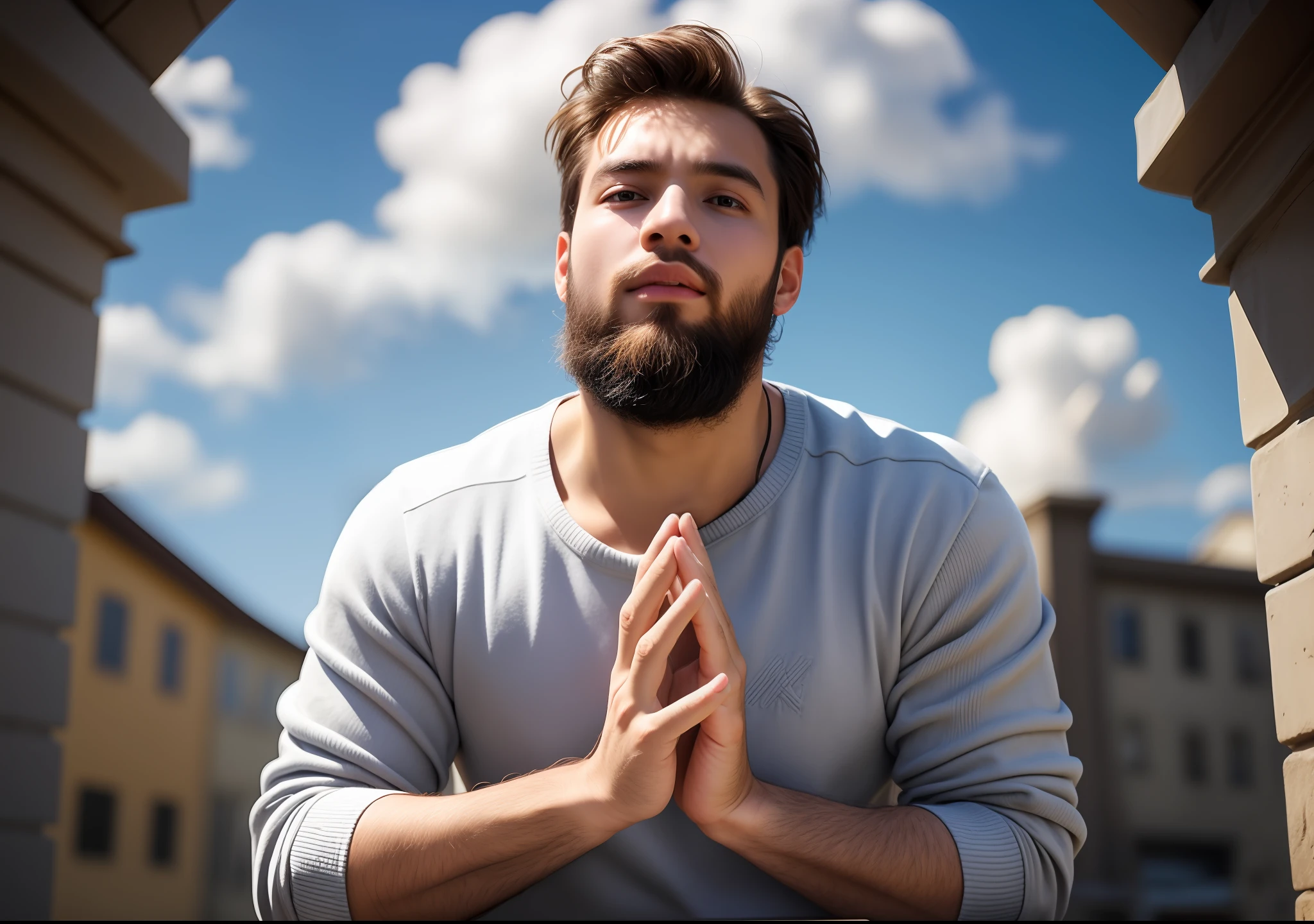 A young man of 25 years, with a beard, with simple clothes. Man on his knees, praying, looking up at the clear, blue sky with a bright light coming from the sky.