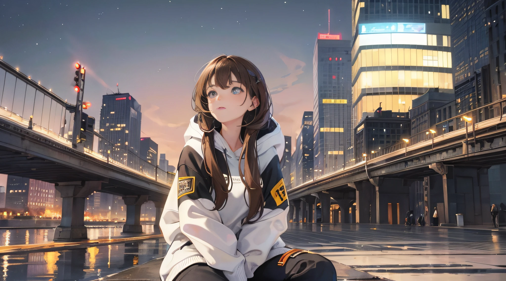 girl, full body, vista, cool, expression, city street, brown hair, masterpiece, exquisite, city building lights, white hoodie, heterochromatic pupils, 45 degrees looking up at the stars, high and cold expression, sitting on a bridge, slightly longer cuffs, sneakers, black cropped pants, top mopping