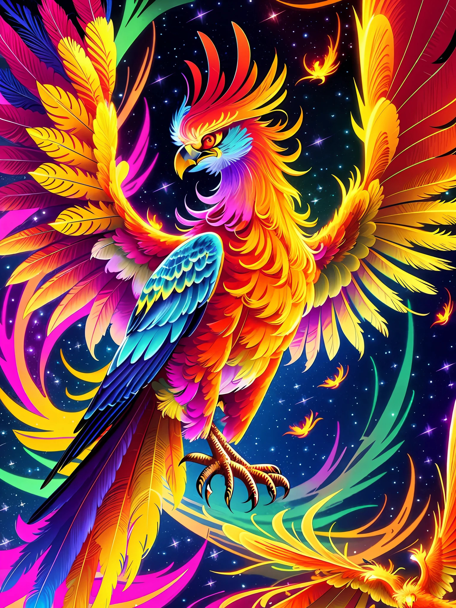 brightly colored bird of prey with bright feathers and a bright star, fiery bird, 4k detailed digital art, amoled wallpaper, 4k highly detailed digital art, glowing feathers, beautiful art uhd 4 k, high detailed colors, artwork of a phoenix, colorfull digital fantasy art, amoled, ''wallpaper of a phoenix, 8k high quality detailed art